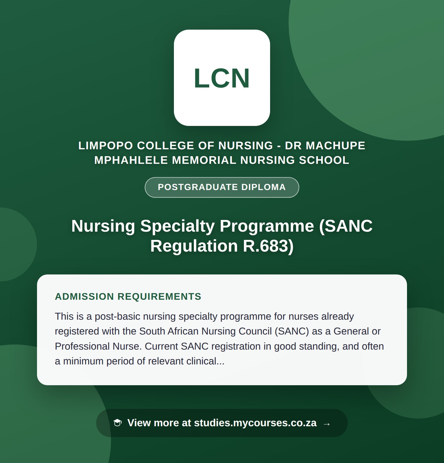 Poster showing admission requirements for the Nursing Specialty Programme (SANC Regulation R.683) postgraduate diploma at Limpopo College of Nursing - Dr Machupe Mphahlele Memorial Nursing School, with a link to studies.mycourses.co.za