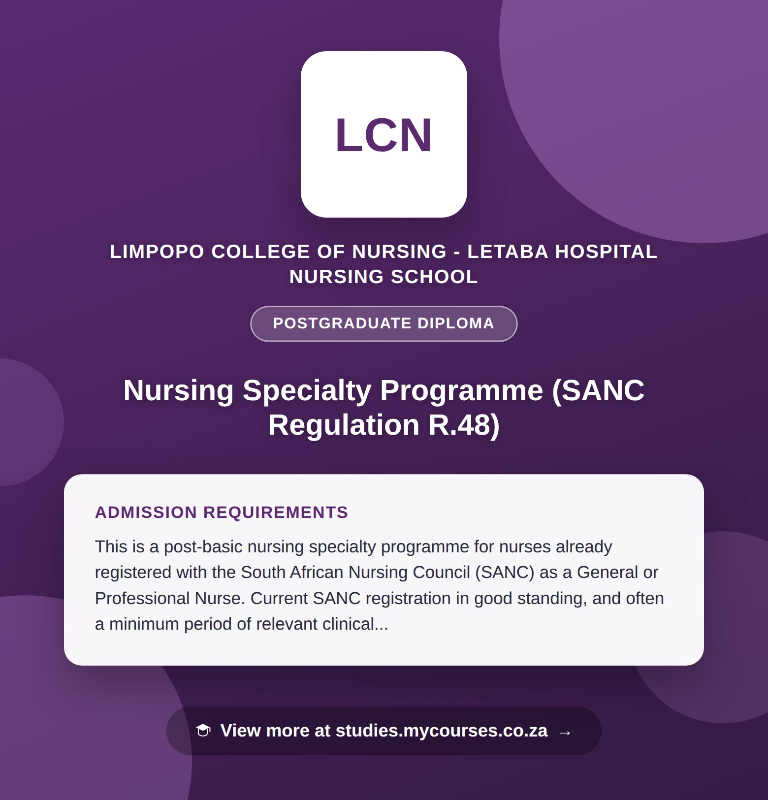 Poster showing admission requirements for the Nursing Specialty Programme (SANC Regulation R.48) postgraduate diploma at Limpopo College of Nursing - Letaba Hospital Nursing School, with a link to studies.mycourses.co.za