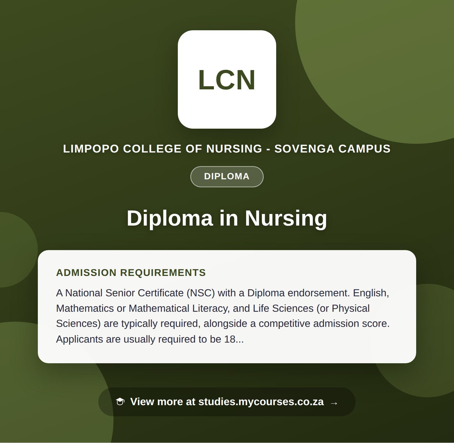 Poster showing admission requirements for the Diploma in Nursing diploma at Limpopo College of Nursing - Sovenga Campus, with a link to studies.mycourses.co.za