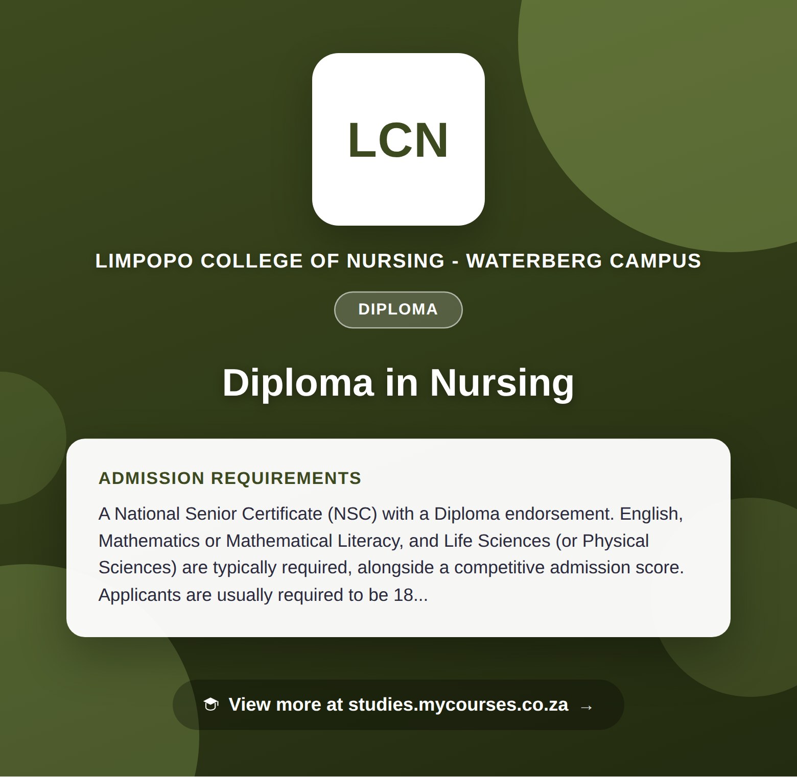 Poster showing admission requirements for the Diploma in Nursing diploma at Limpopo College of Nursing - Waterberg Campus, with a link to studies.mycourses.co.za