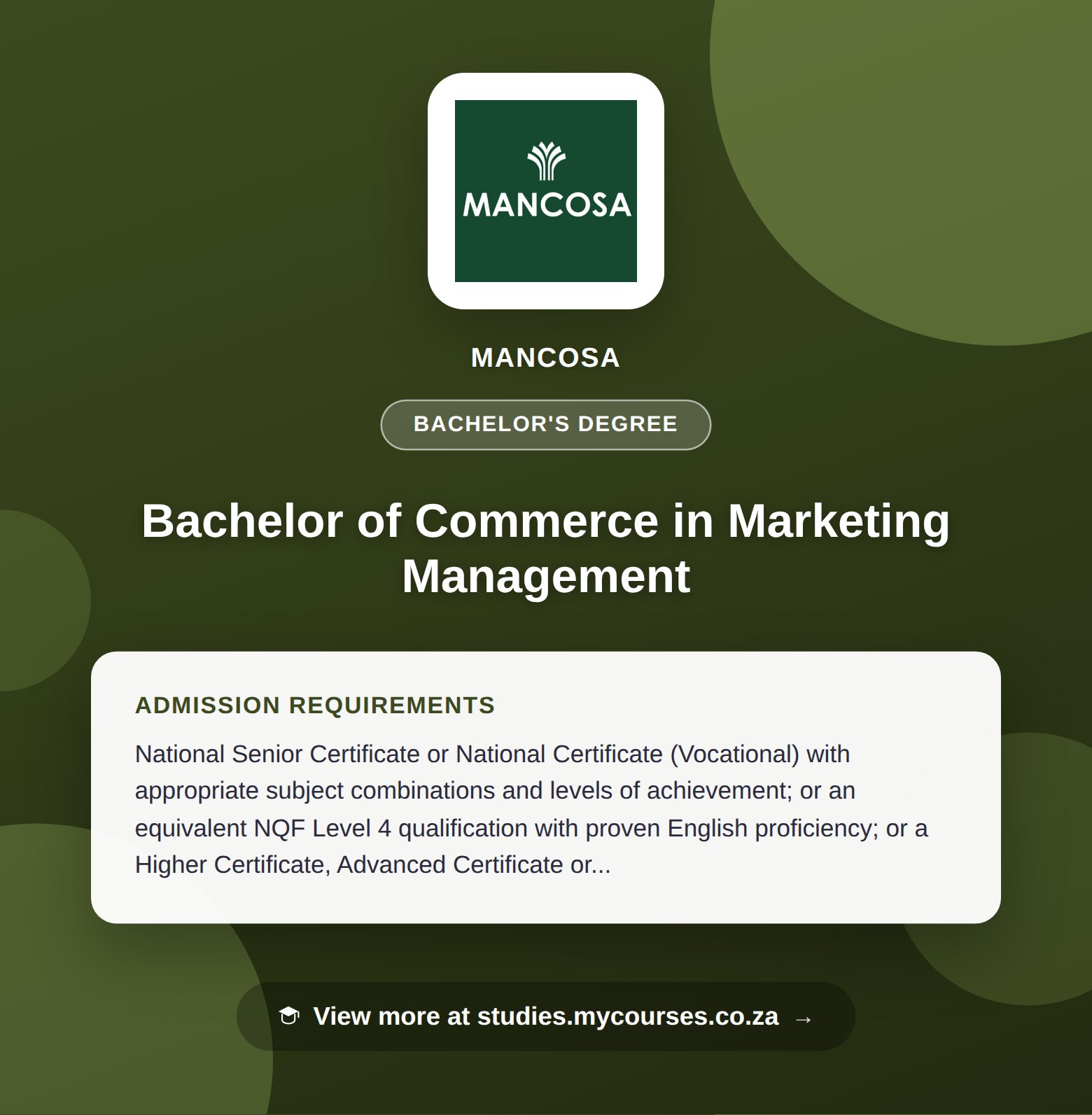 Poster showing admission requirements for the Bachelor of Commerce in Marketing Management bachelor's degree at MANCOSA, with a link to studies.mycourses.co.za