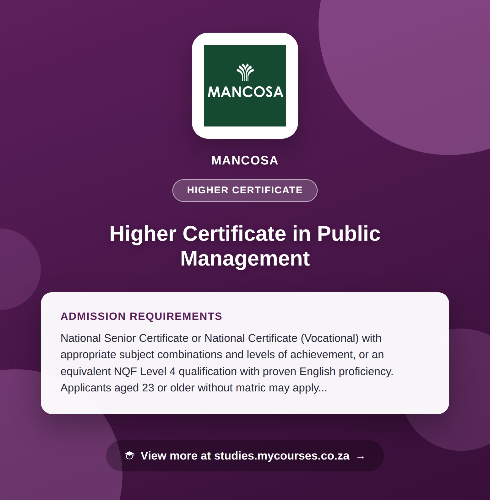 Poster showing admission requirements for the Higher Certificate in Public Management higher certificate at MANCOSA, with a link to studies.mycourses.co.za