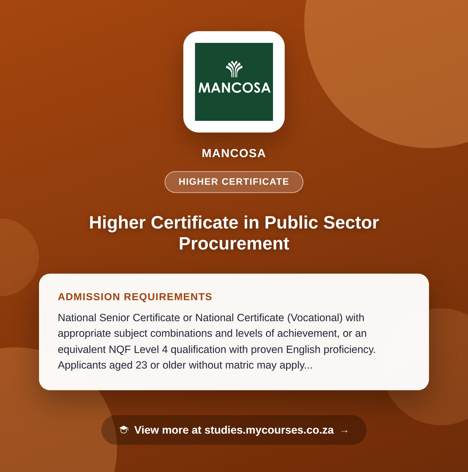 Poster showing admission requirements for the Higher Certificate in Public Sector Procurement higher certificate at MANCOSA, with a link to studies.mycourses.co.za