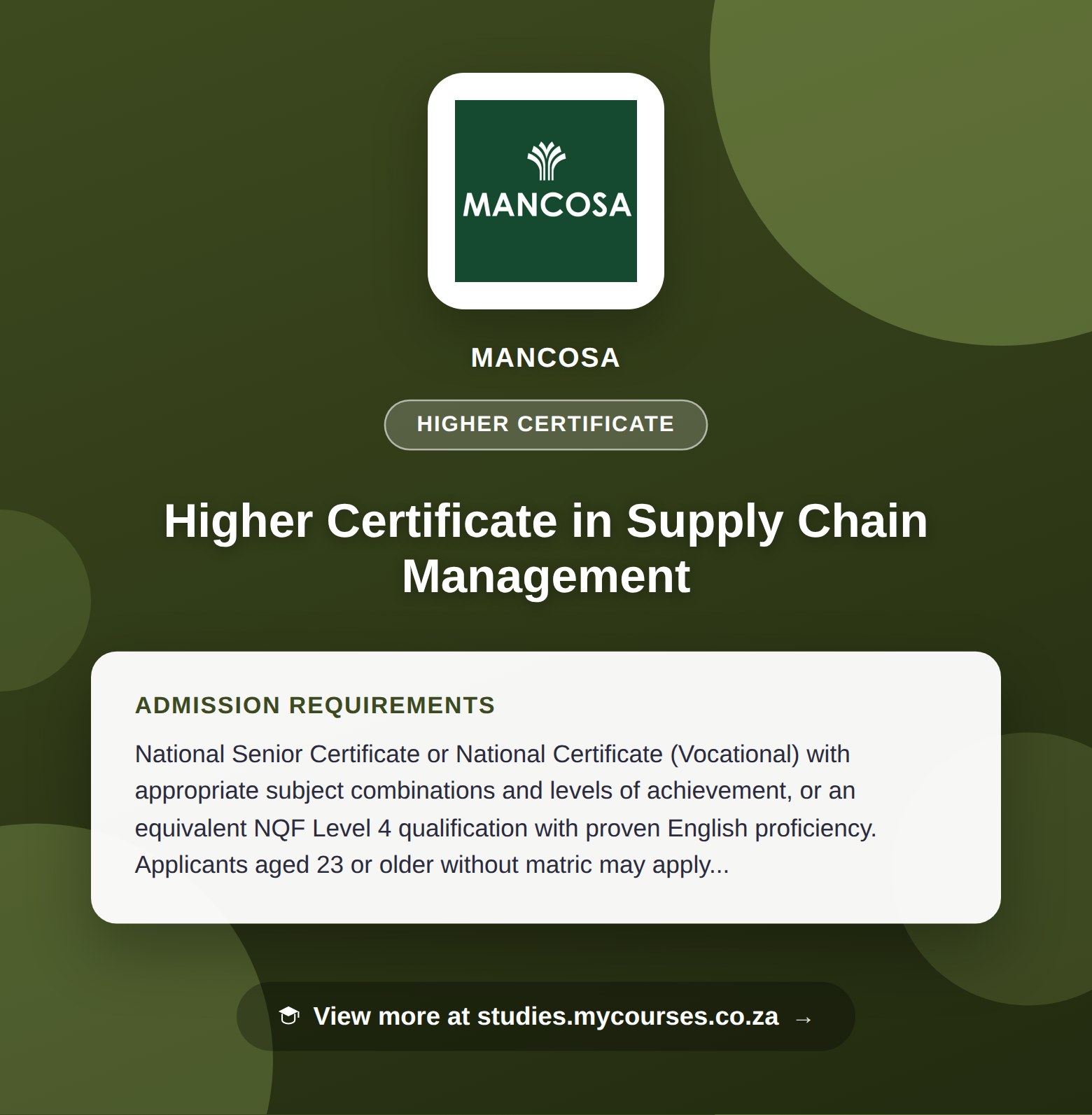 Poster showing admission requirements for the Higher Certificate in Supply Chain Management higher certificate at MANCOSA, with a link to studies.mycourses.co.za