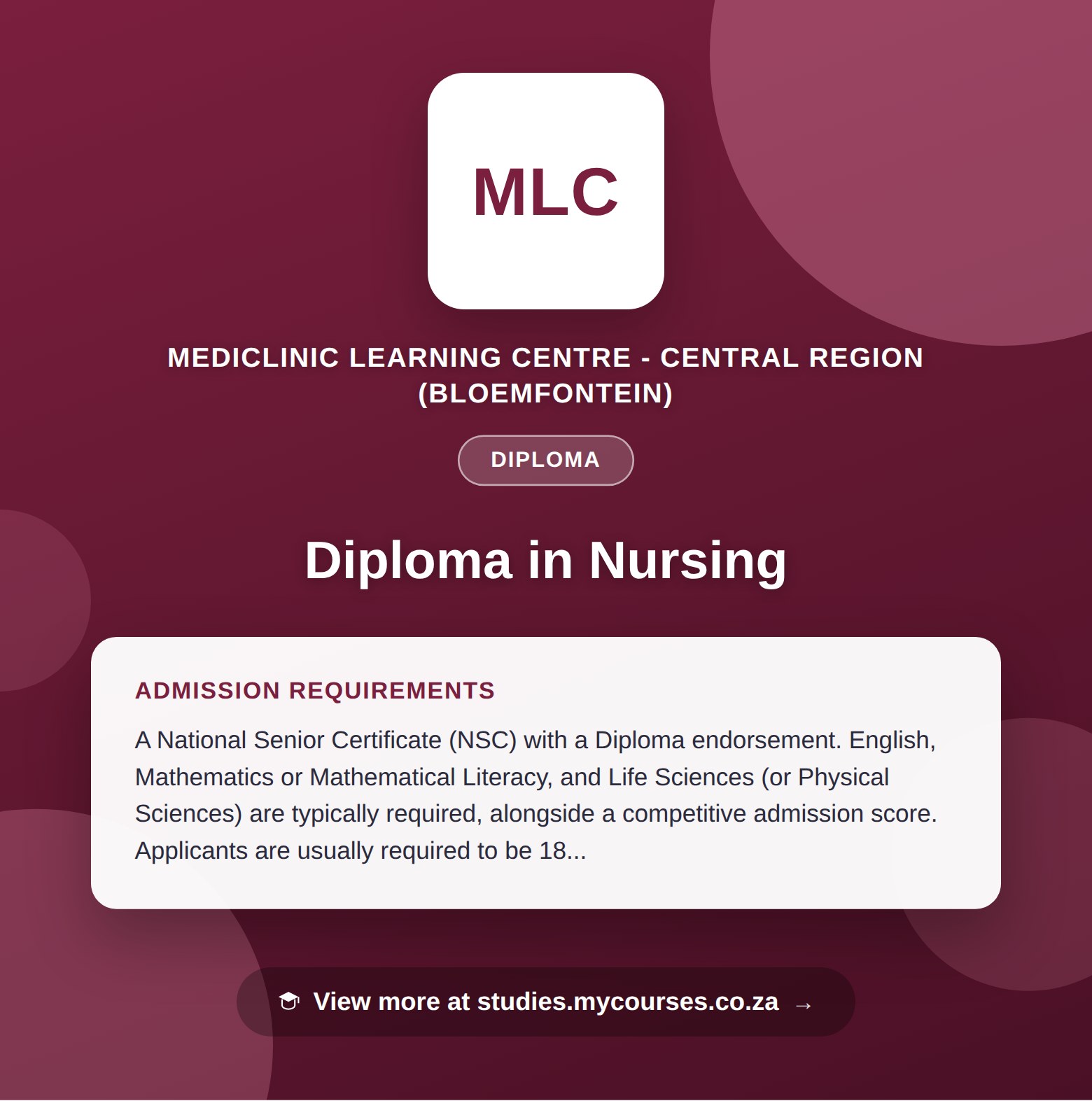 Poster showing admission requirements for the Diploma in Nursing diploma at Mediclinic Learning Centre - Central Region (Bloemfontein), with a link to studies.mycourses.co.za