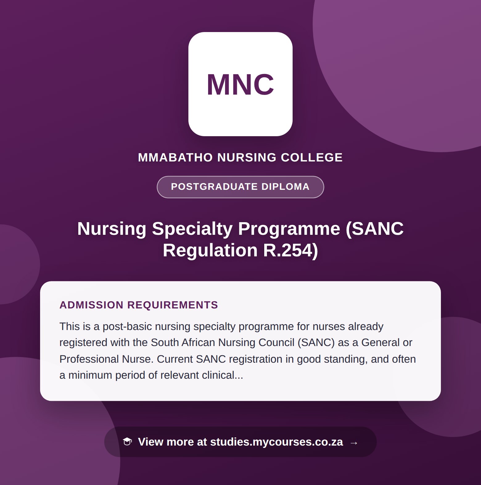 Poster showing admission requirements for the Nursing Specialty Programme (SANC Regulation R.254) postgraduate diploma at Mmabatho Nursing College, with a link to studies.mycourses.co.za