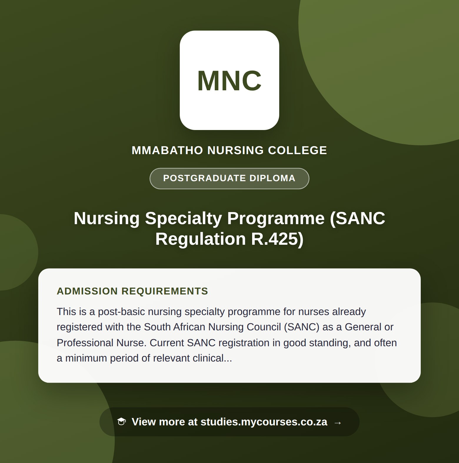 Poster showing admission requirements for the Nursing Specialty Programme (SANC Regulation R.425) postgraduate diploma at Mmabatho Nursing College, with a link to studies.mycourses.co.za