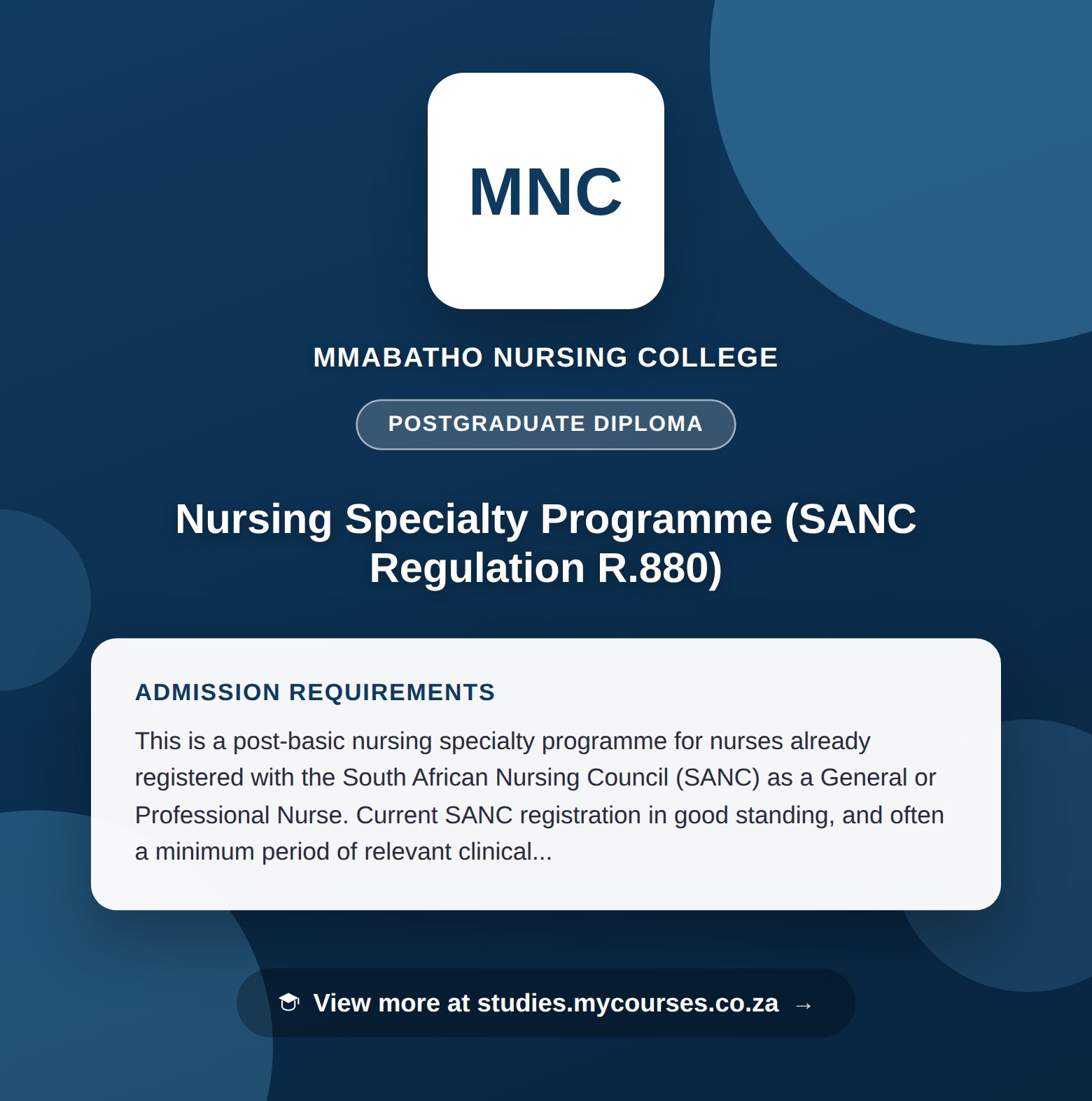 Poster showing admission requirements for the Nursing Specialty Programme (SANC Regulation R.880) postgraduate diploma at Mmabatho Nursing College, with a link to studies.mycourses.co.za
