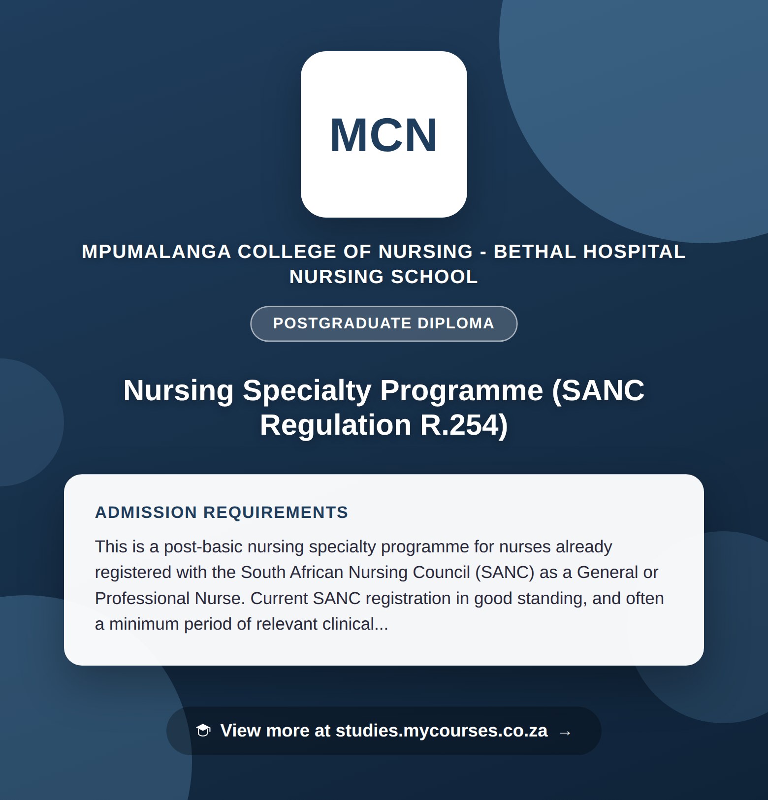 Poster showing admission requirements for the Nursing Specialty Programme (SANC Regulation R.254) postgraduate diploma at Mpumalanga College of Nursing - Bethal Hospital Nursing School, with a link to studies.mycourses.co.za