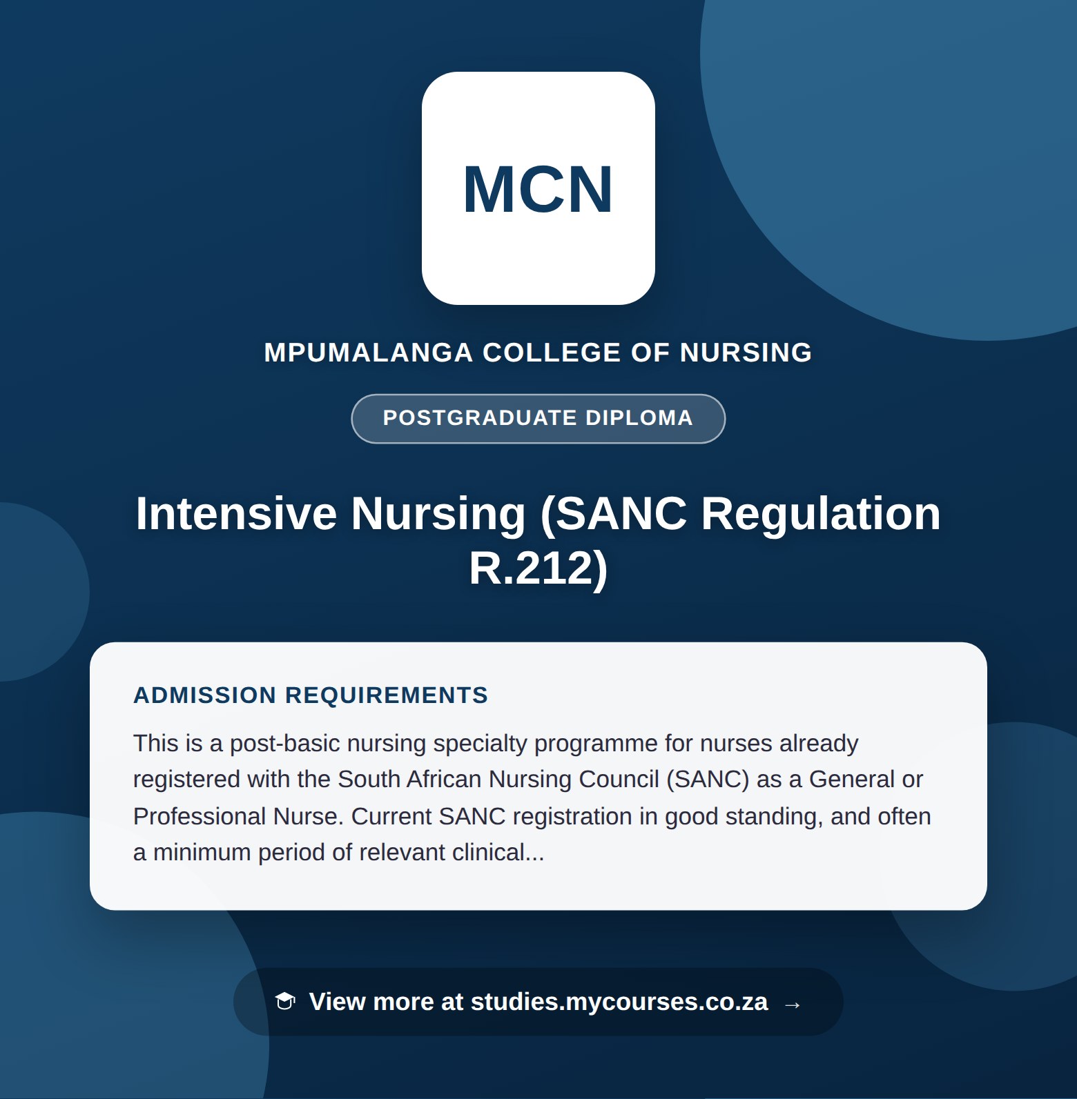 Poster showing admission requirements for the Intensive Nursing (SANC Regulation R.212) postgraduate diploma at Mpumalanga College of Nursing, with a link to studies.mycourses.co.za