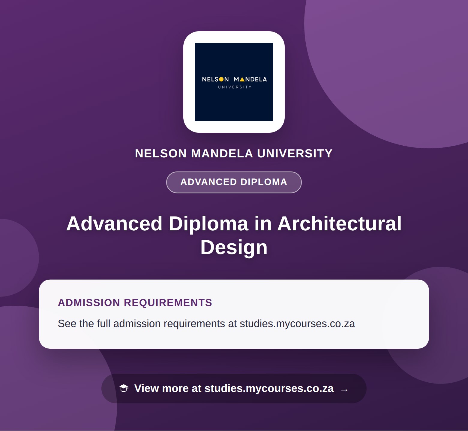 Poster showing admission requirements for the Advanced Diploma in Architectural Design advanced diploma at Nelson Mandela University, with a link to studies.mycourses.co.za