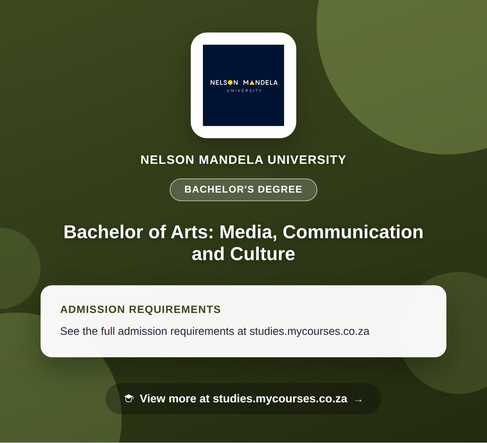 Poster showing admission requirements for the Bachelor of Arts: Media, Communication and Culture bachelor's degree at Nelson Mandela University, with a link to studies.mycourses.co.za