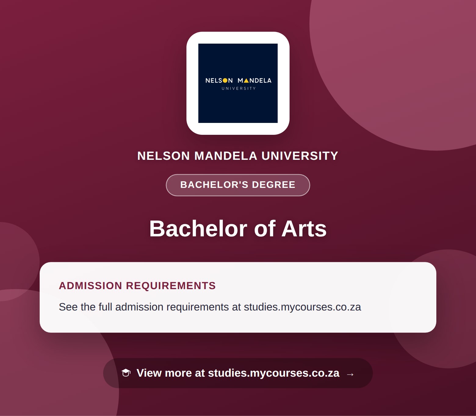 Poster showing admission requirements for the Bachelor of Arts bachelor's degree at Nelson Mandela University, with a link to studies.mycourses.co.za