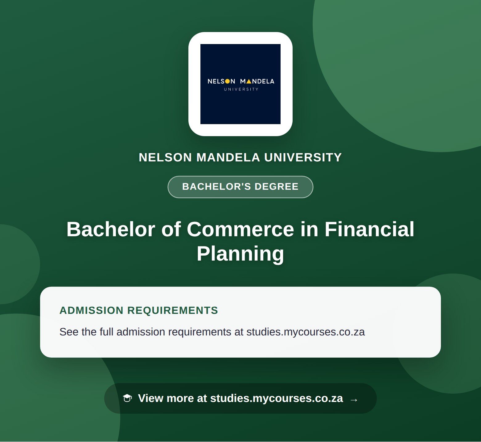 Poster showing admission requirements for the Bachelor of Commerce in Financial Planning bachelor's degree at Nelson Mandela University, with a link to studies.mycourses.co.za