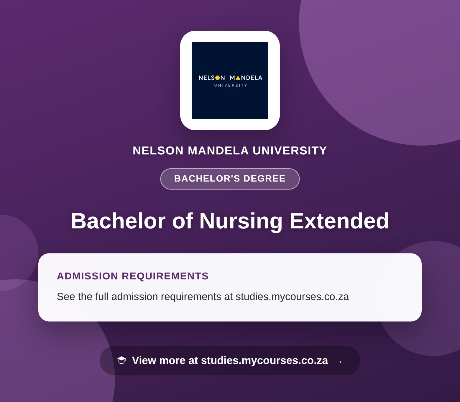 Poster showing admission requirements for the Bachelor of Nursing Extended bachelor's degree at Nelson Mandela University, with a link to studies.mycourses.co.za