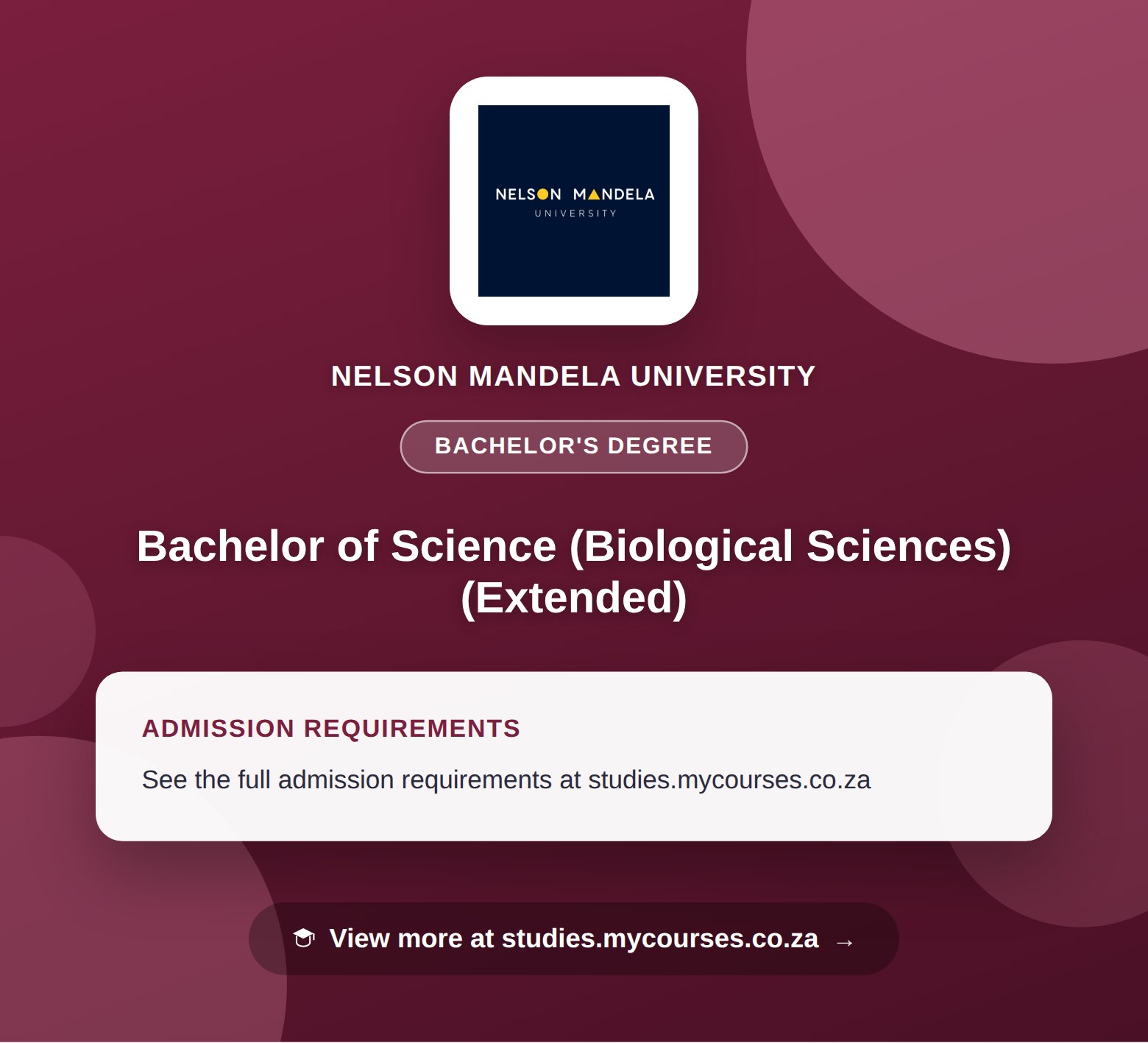 Poster showing admission requirements for the Bachelor of Science (Biological Sciences) (Extended) bachelor's degree at Nelson Mandela University, with a link to studies.mycourses.co.za