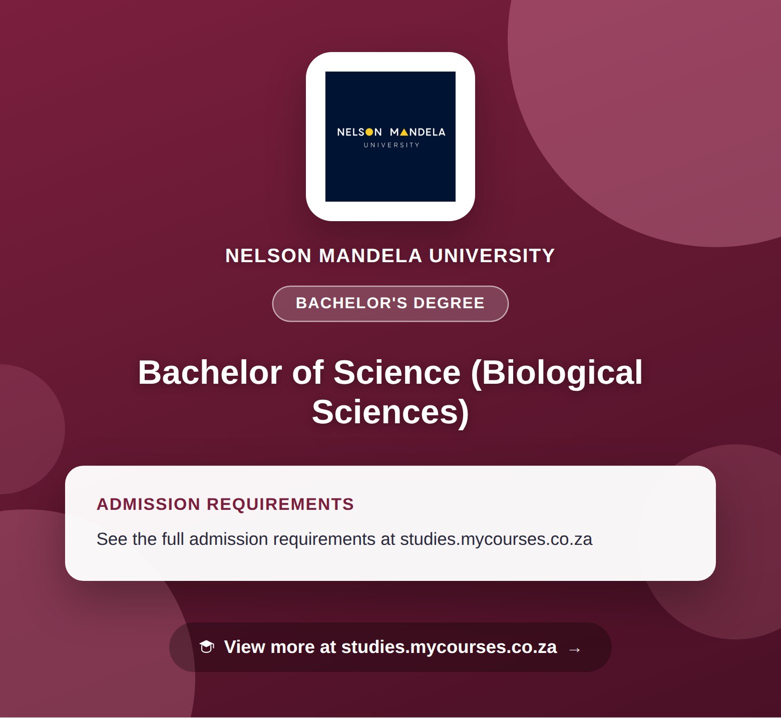 Poster showing admission requirements for the Bachelor of Science (Biological Sciences) bachelor's degree at Nelson Mandela University, with a link to studies.mycourses.co.za