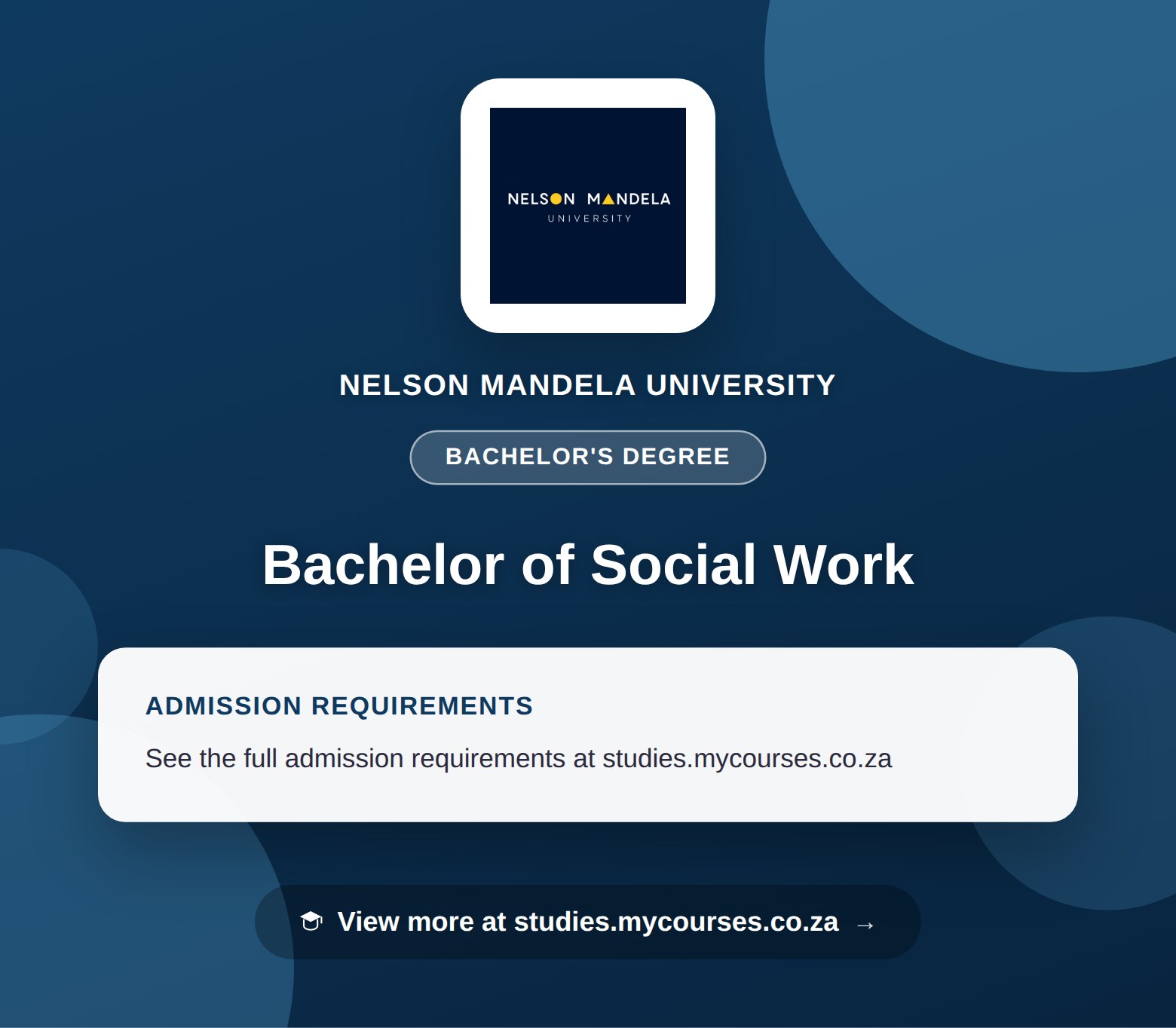 Poster showing admission requirements for the Bachelor of Social Work bachelor's degree at Nelson Mandela University, with a link to studies.mycourses.co.za