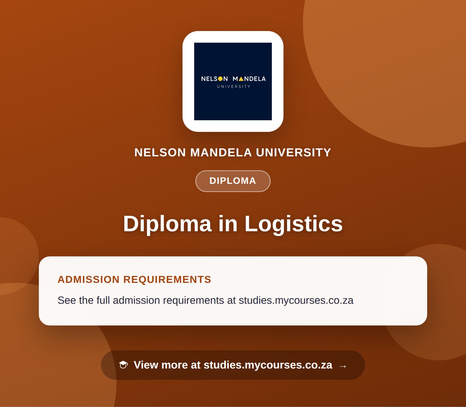 Poster showing admission requirements for the Diploma in Logistics diploma at Nelson Mandela University, with a link to studies.mycourses.co.za