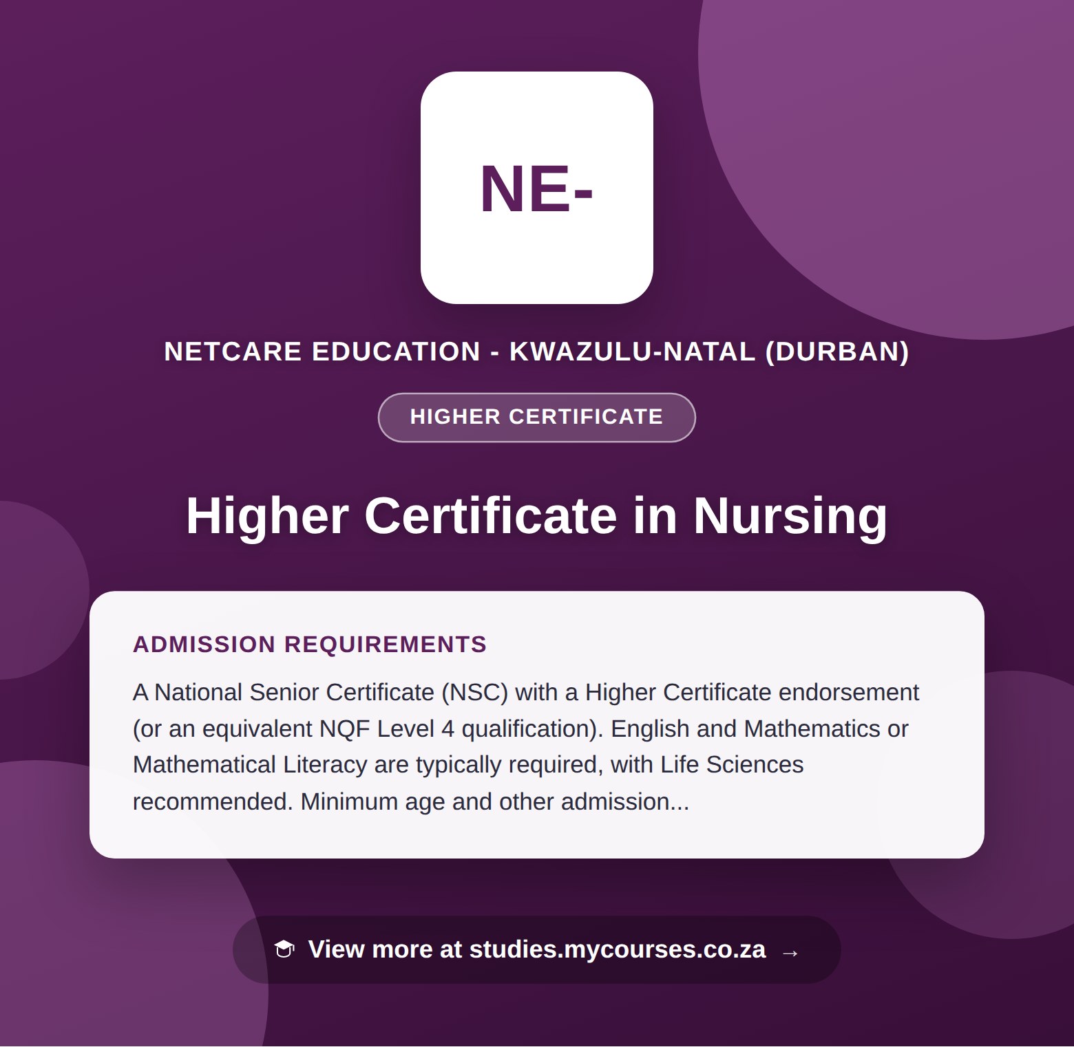 Poster showing admission requirements for the Higher Certificate in Nursing higher certificate at Netcare Education - KwaZulu-Natal (Durban), with a link to studies.mycourses.co.za
