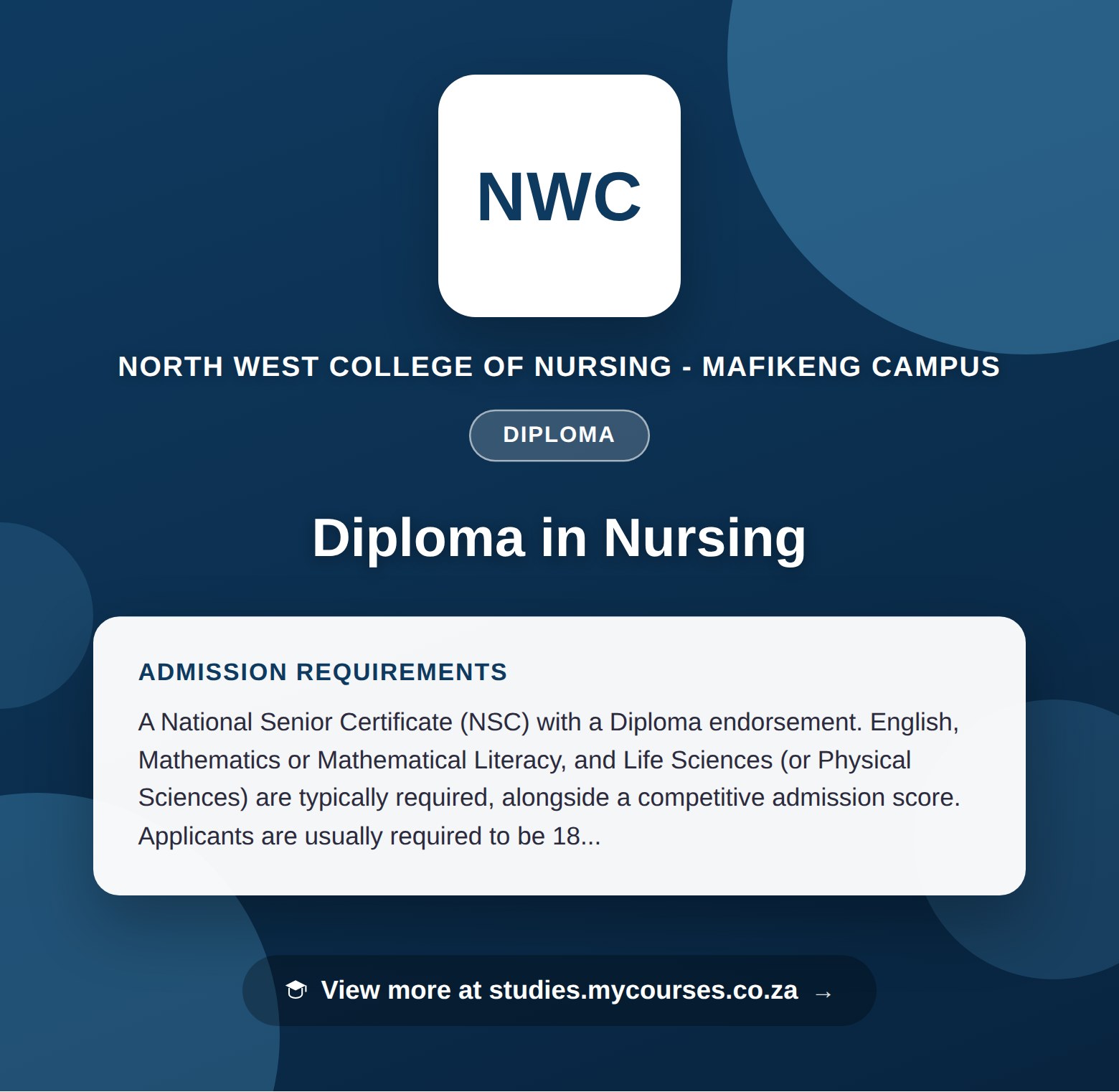 Poster showing admission requirements for the Diploma in Nursing diploma at North West College of Nursing - Mafikeng Campus, with a link to studies.mycourses.co.za