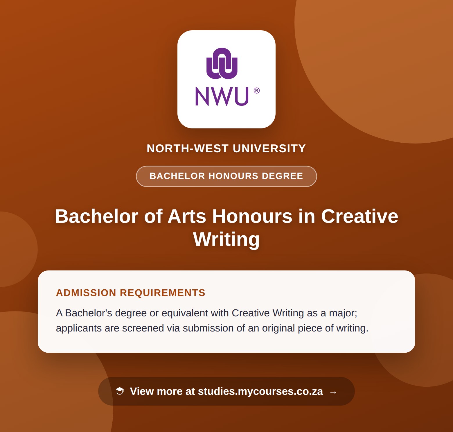 Poster showing admission requirements for the Bachelor of Arts Honours in Creative Writing bachelor honours degree at North-West University, with a link to studies.mycourses.co.za