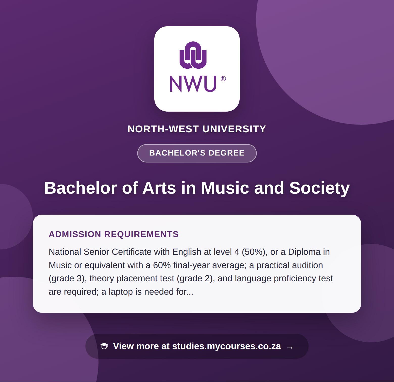 Poster showing admission requirements for the Bachelor of Arts in Music and Society bachelor's degree at North-West University, with a link to studies.mycourses.co.za