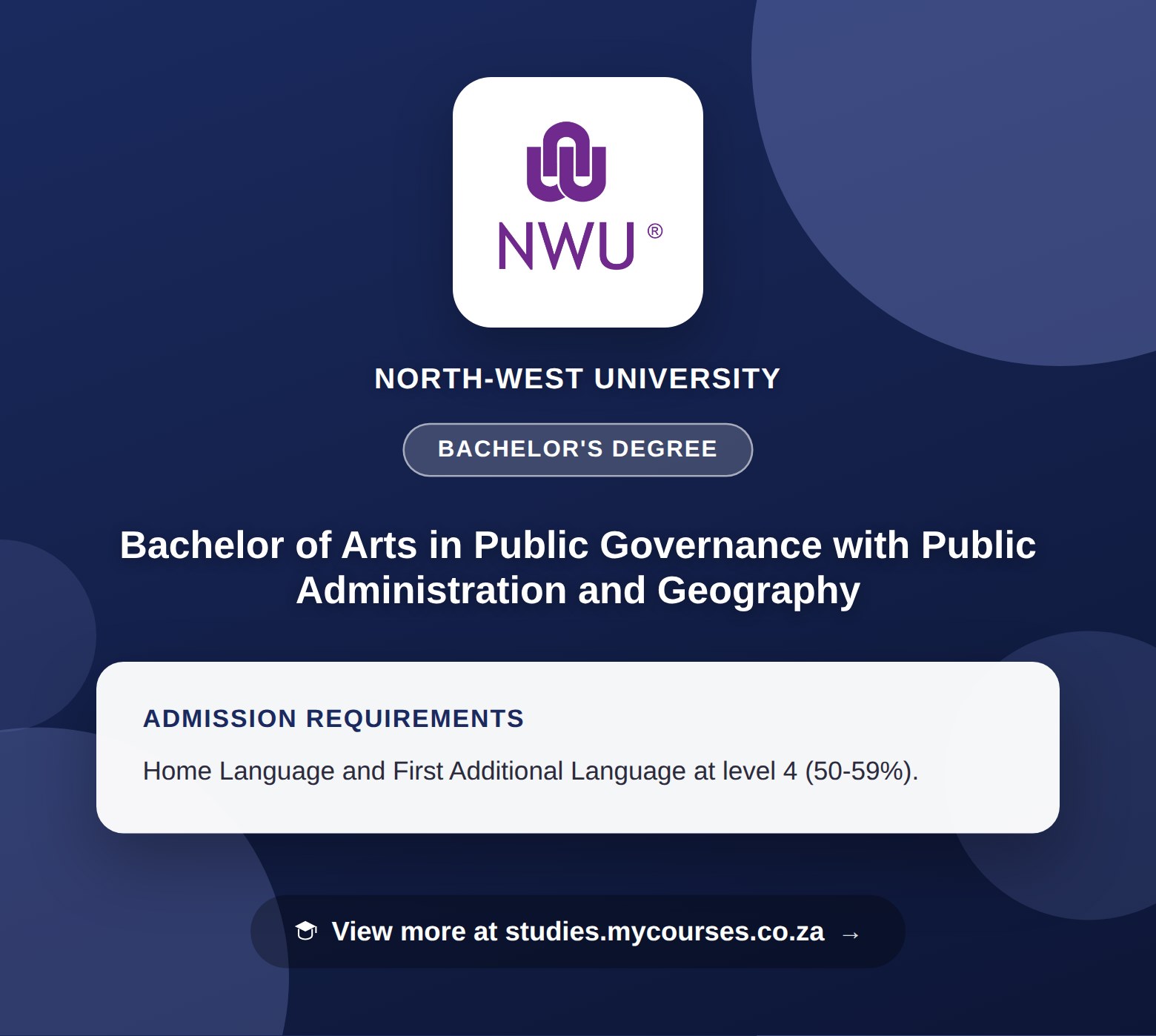 Poster showing admission requirements for the Bachelor of Arts in Public Governance with Public Administration and Geography bachelor's degree at North-West University, with a link to studies.mycourses.co.za