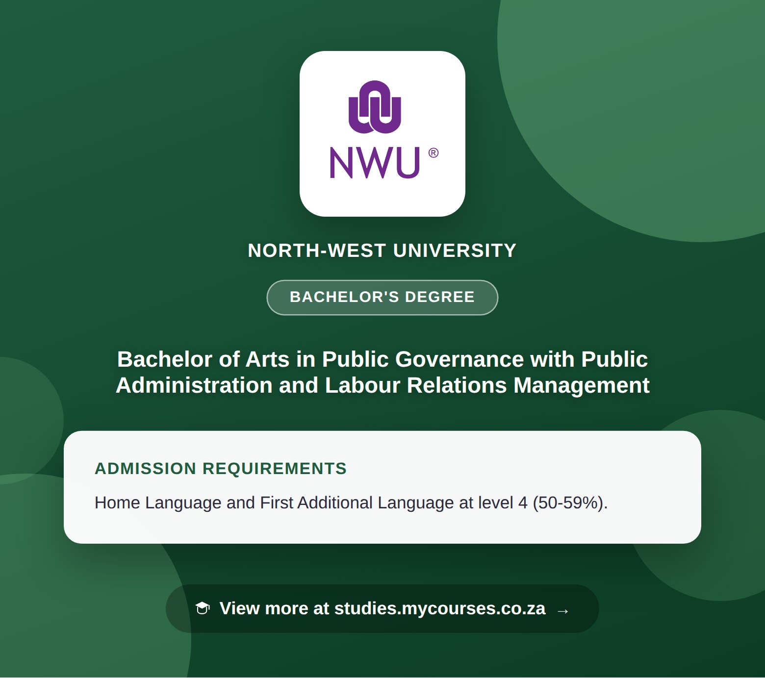 Poster showing admission requirements for the Bachelor of Arts in Public Governance with Public Administration and Labour Relations Management bachelor's degree at North-West University, with a link to studies.mycourses.co.za