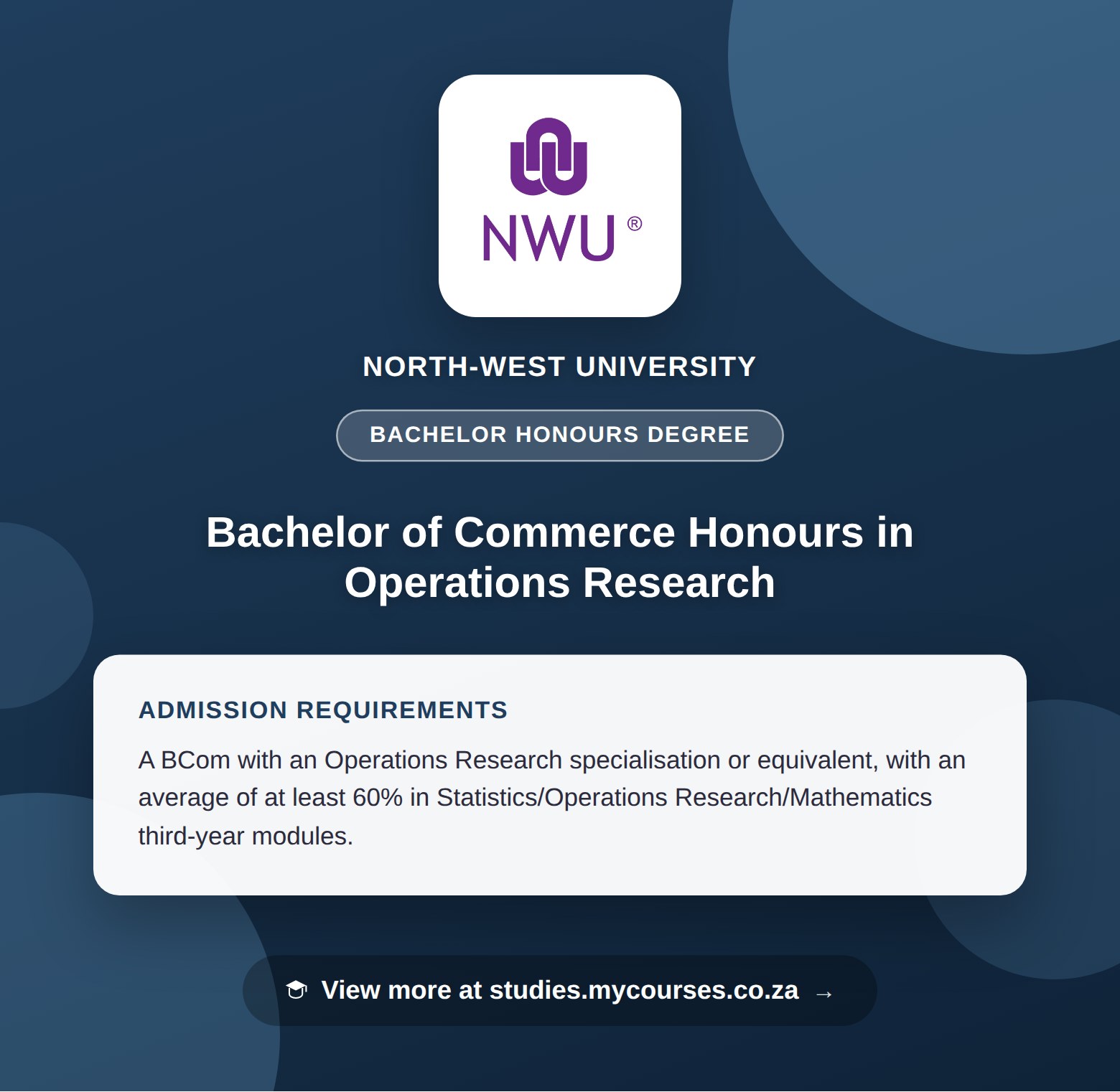 Poster showing admission requirements for the Bachelor of Commerce Honours in Operations Research bachelor honours degree at North-West University, with a link to studies.mycourses.co.za