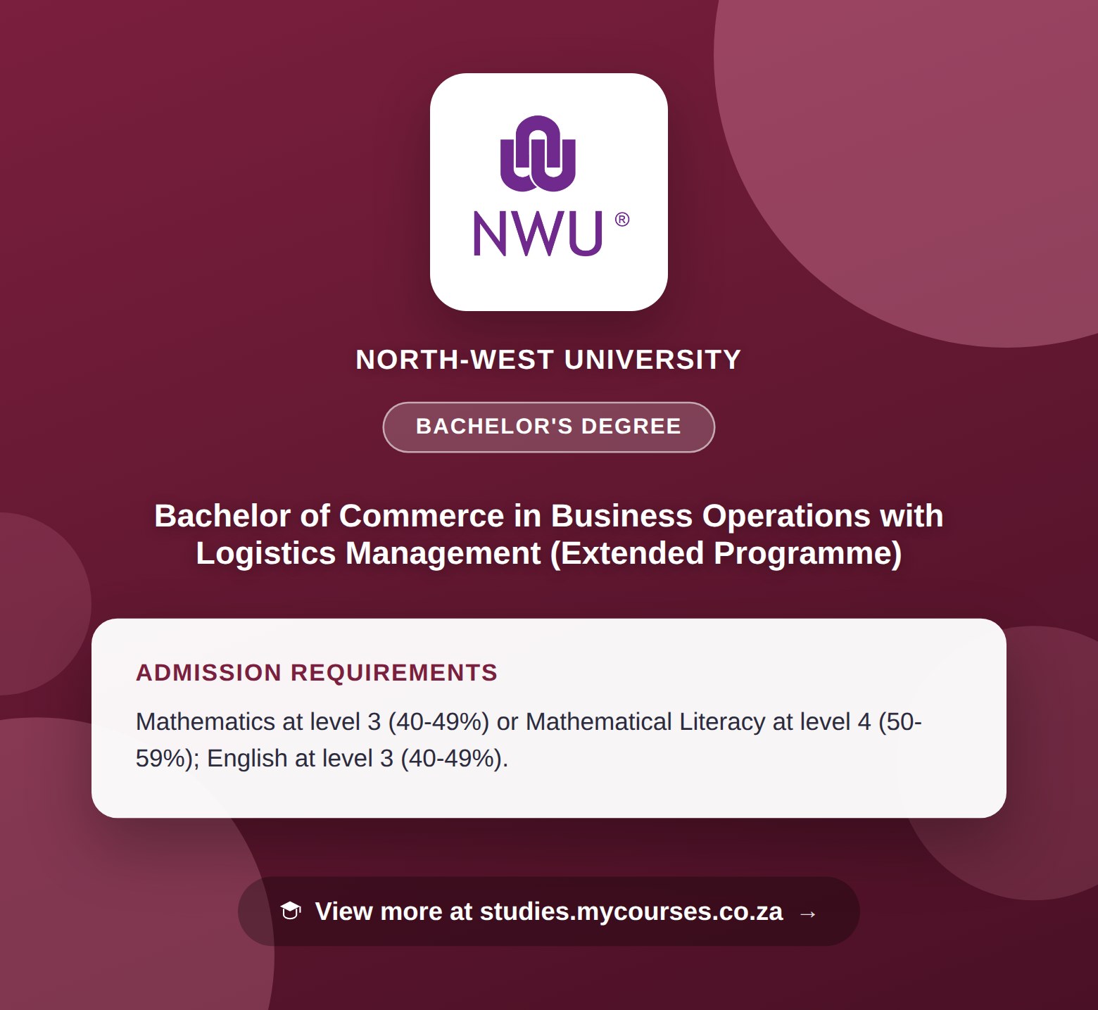 Poster showing admission requirements for the Bachelor of Commerce in Business Operations with Logistics Management (Extended Programme) bachelor's degree at North-West University, with a link to studies.mycourses.co.za