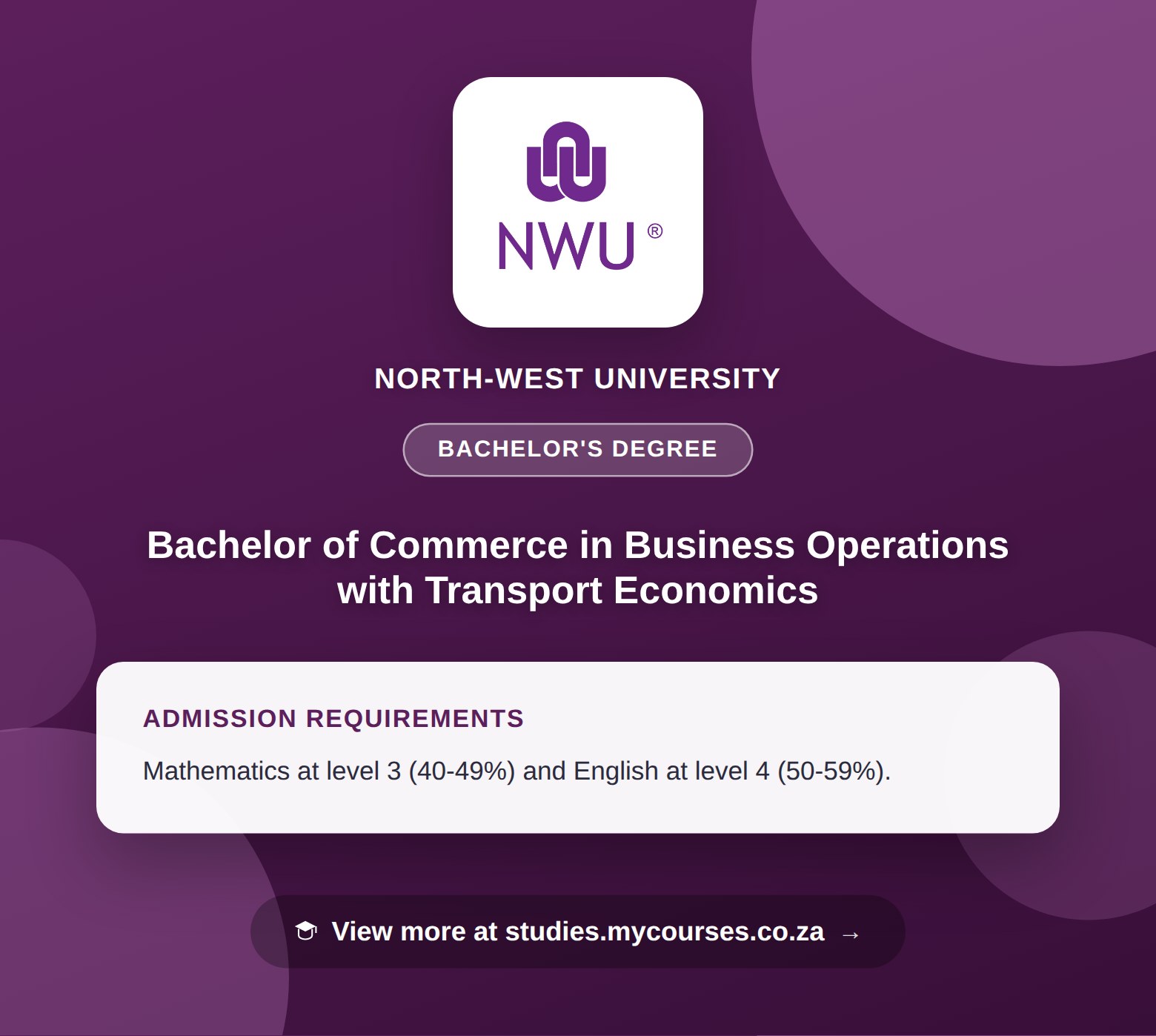 Poster showing admission requirements for the Bachelor of Commerce in Business Operations with Transport Economics bachelor's degree at North-West University, with a link to studies.mycourses.co.za