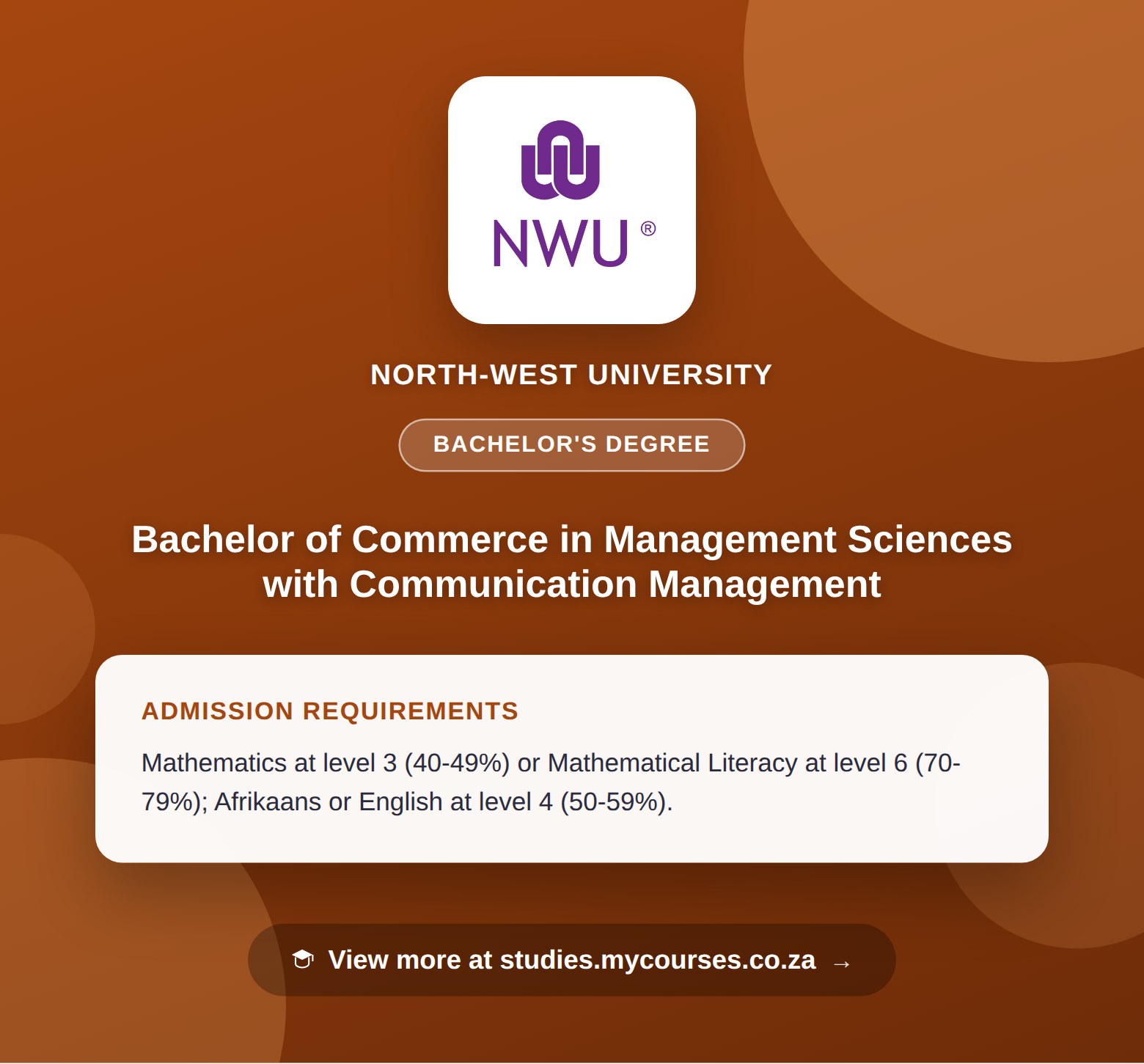 Poster showing admission requirements for the Bachelor of Commerce in Management Sciences with Communication Management bachelor's degree at North-West University, with a link to studies.mycourses.co.za