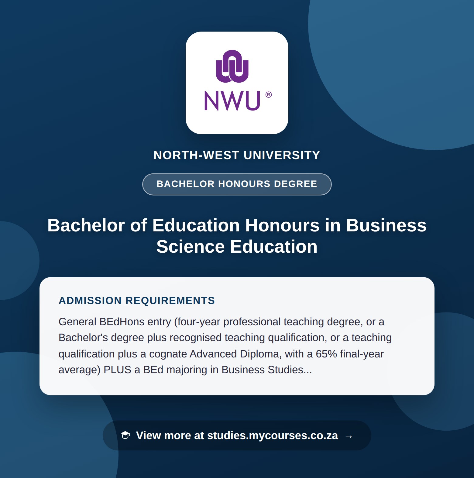 Poster showing admission requirements for the Bachelor of Education Honours in Business Science Education bachelor honours degree at North-West University, with a link to studies.mycourses.co.za