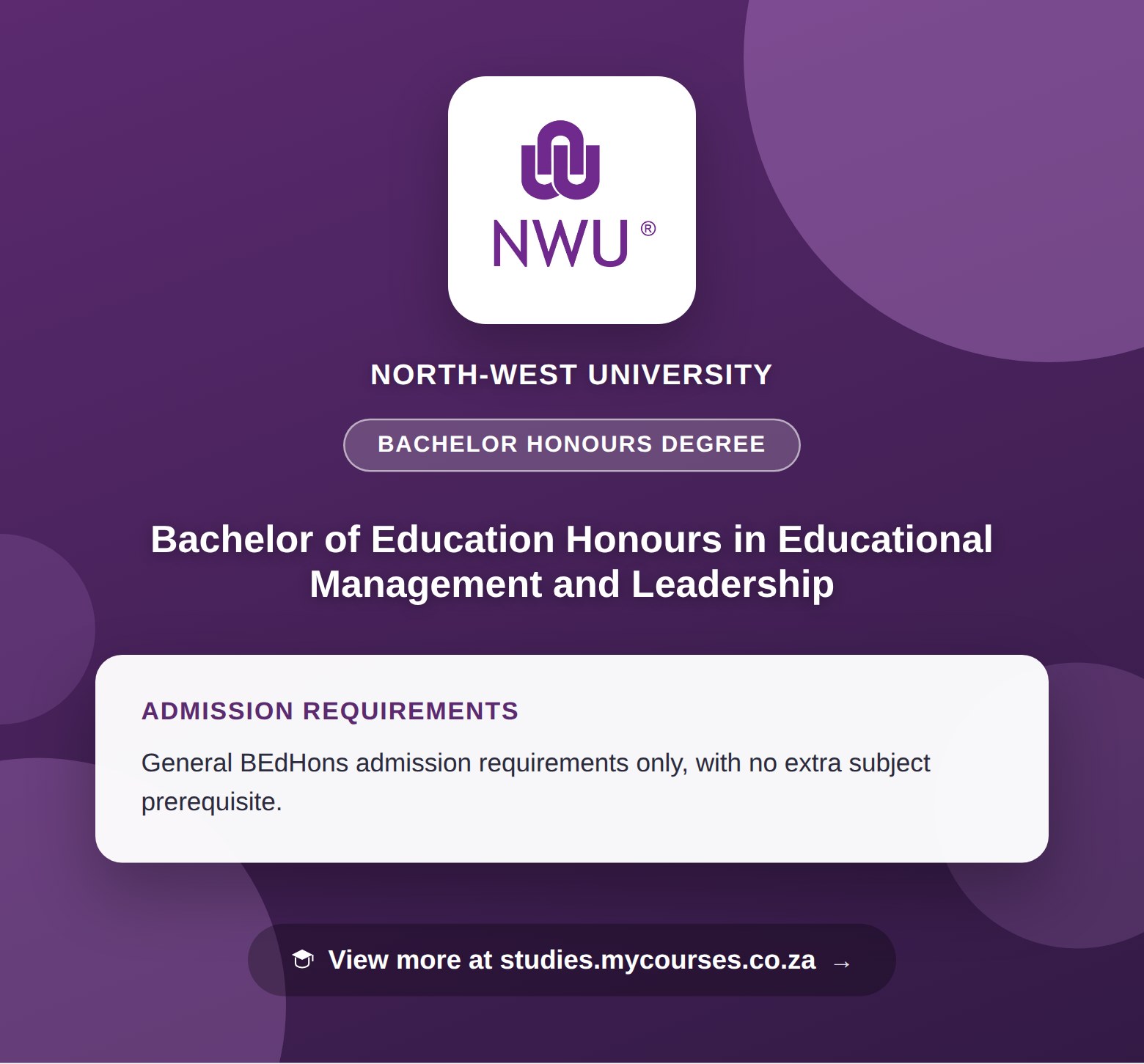 Poster showing admission requirements for the Bachelor of Education Honours in Educational Management and Leadership bachelor honours degree at North-West University, with a link to studies.mycourses.co.za