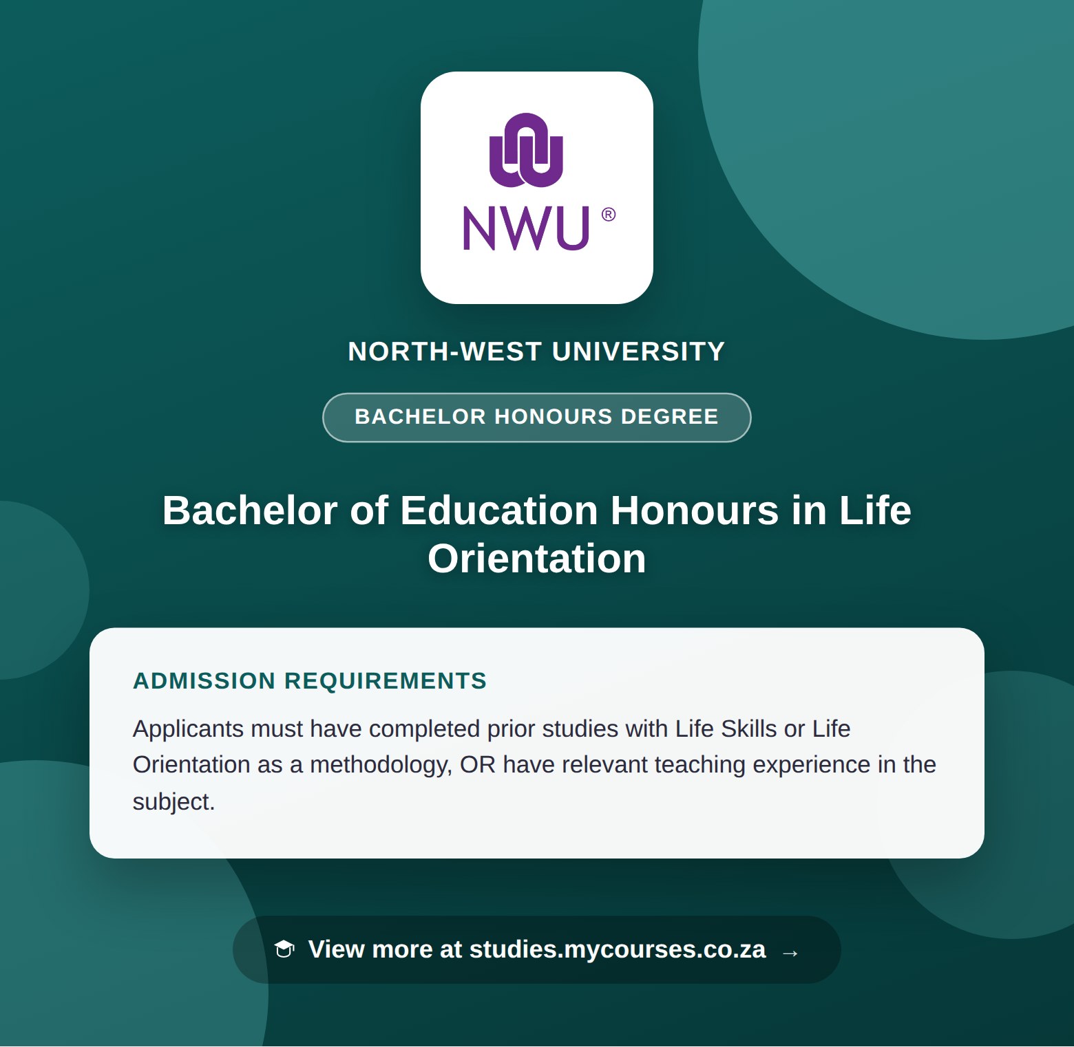 Poster showing admission requirements for the Bachelor of Education Honours in Life Orientation bachelor honours degree at North-West University, with a link to studies.mycourses.co.za