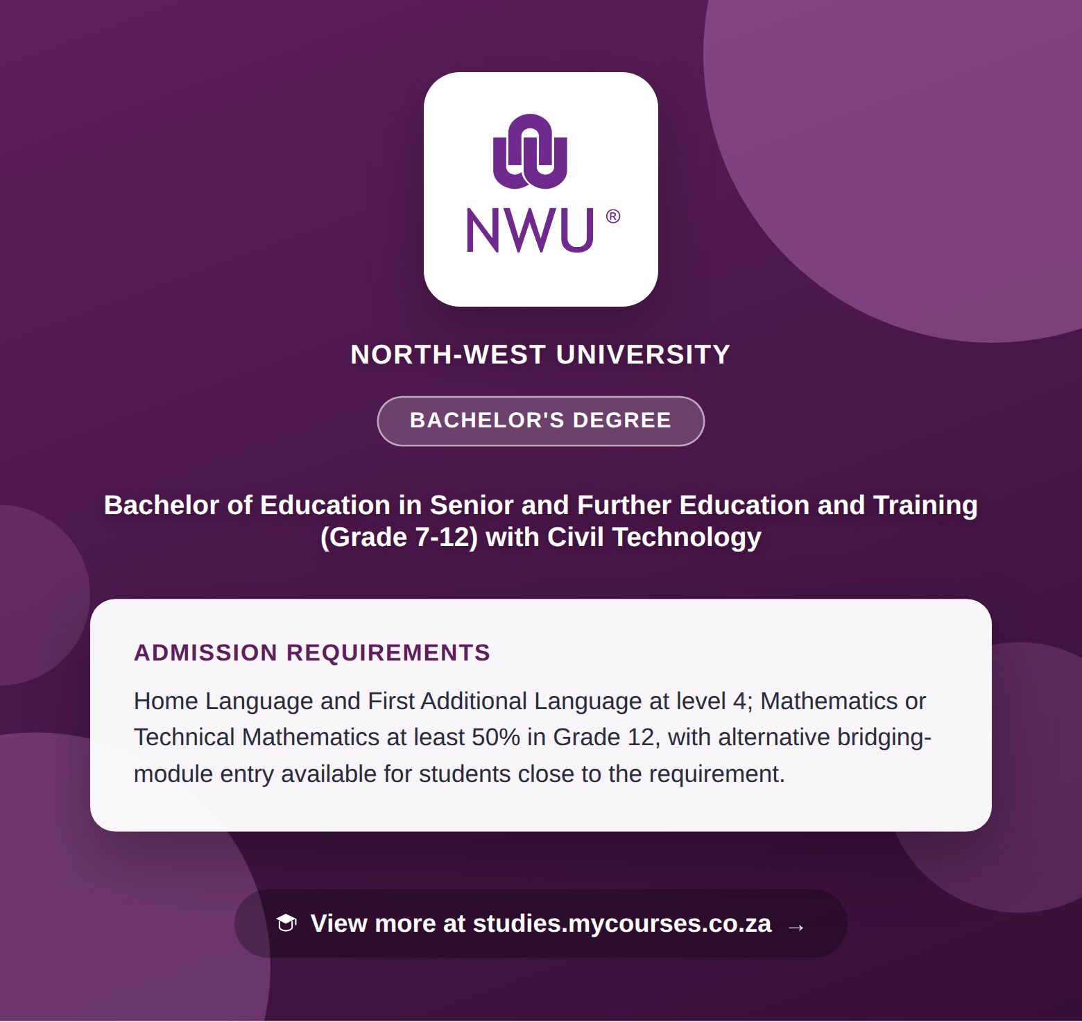 Poster showing admission requirements for the Bachelor of Education in Senior and Further Education and Training (Grade 7-12) with Civil Technology bachelor's degree at North-West University, with a link to studies.mycourses.co.za