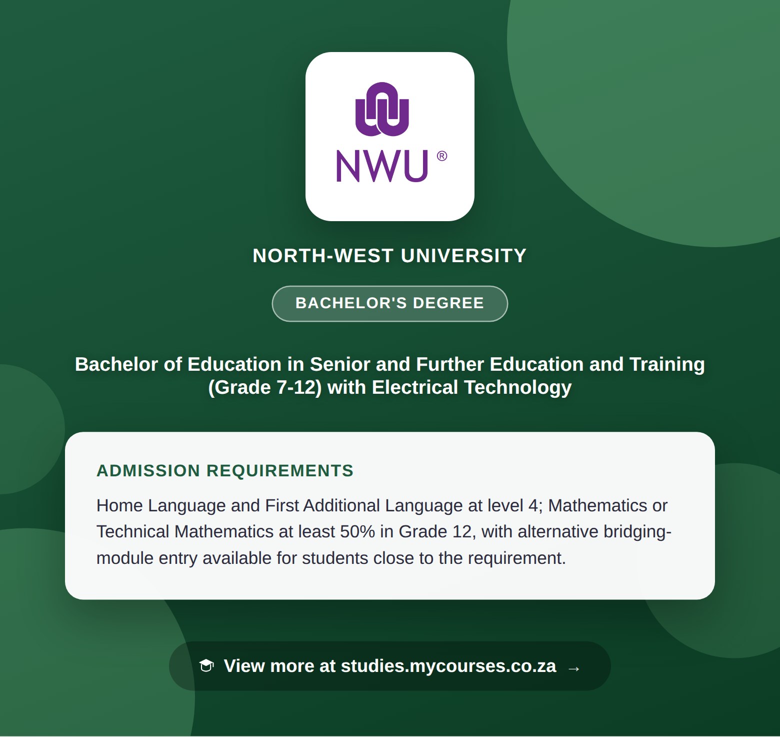 Poster showing admission requirements for the Bachelor of Education in Senior and Further Education and Training (Grade 7-12) with Electrical Technology bachelor's degree at North-West University, with a link to studies.mycourses.co.za