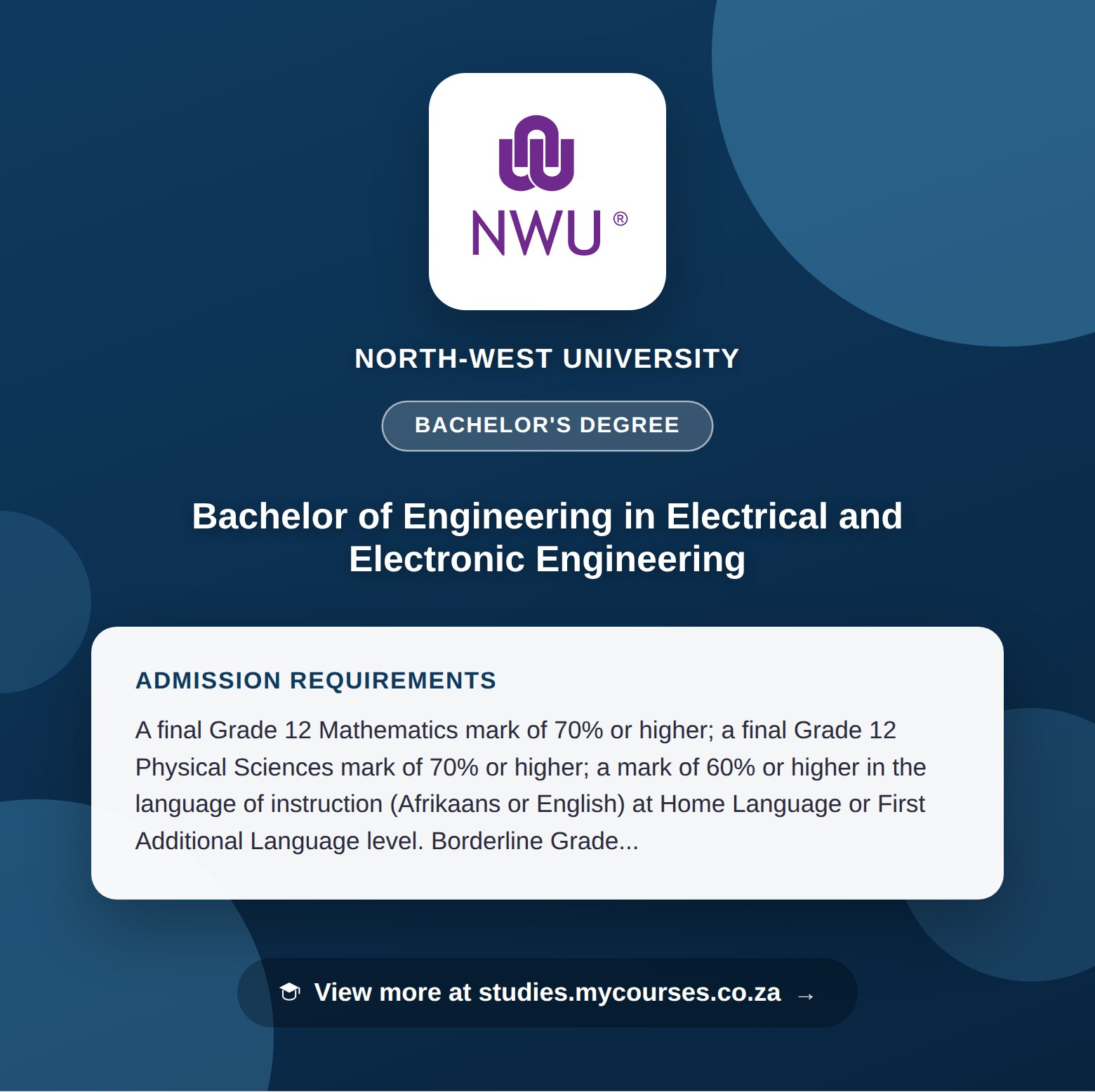 Poster showing admission requirements for the Bachelor of Engineering in Electrical and Electronic Engineering bachelor's degree at North-West University, with a link to studies.mycourses.co.za