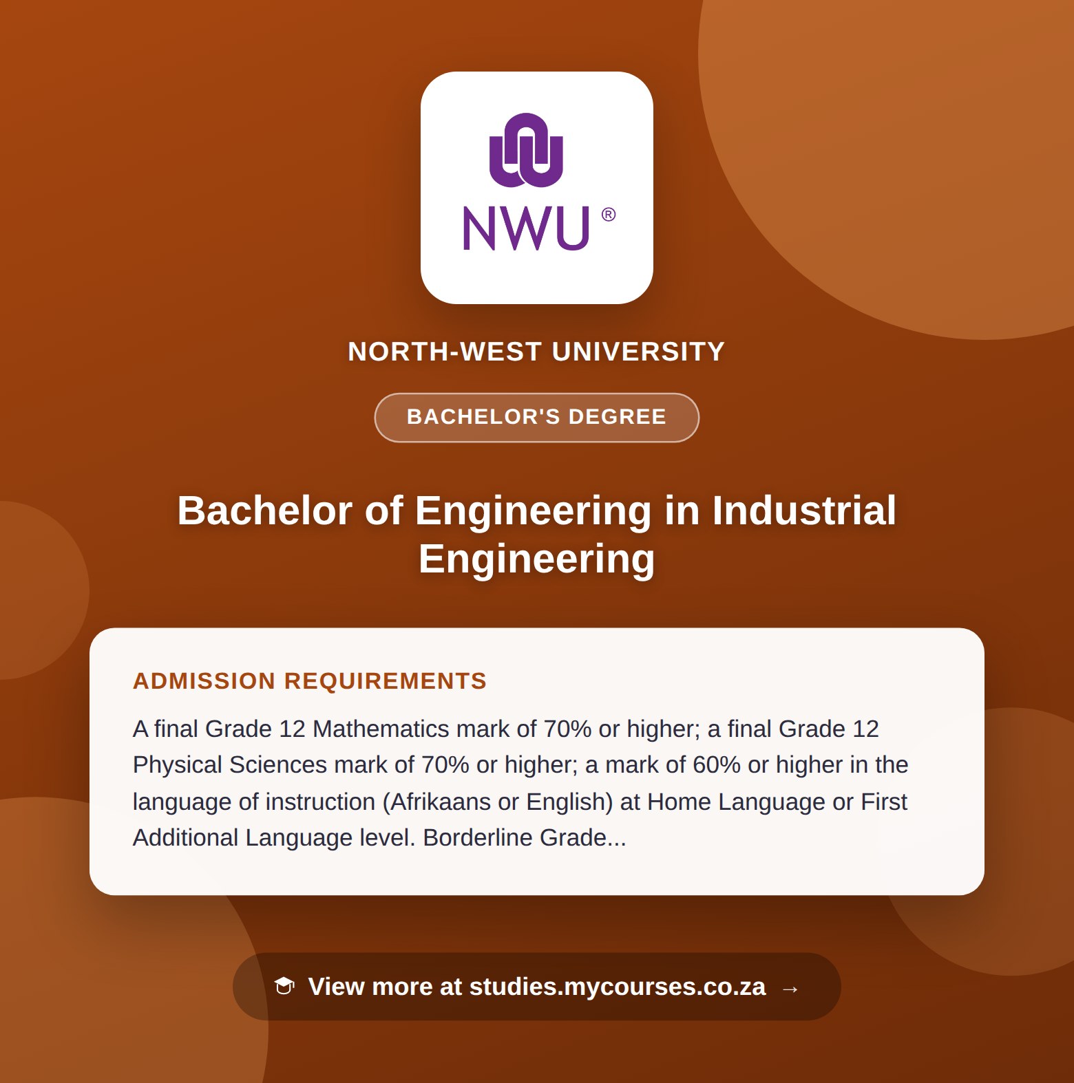 Poster showing admission requirements for the Bachelor of Engineering in Industrial Engineering bachelor's degree at North-West University, with a link to studies.mycourses.co.za