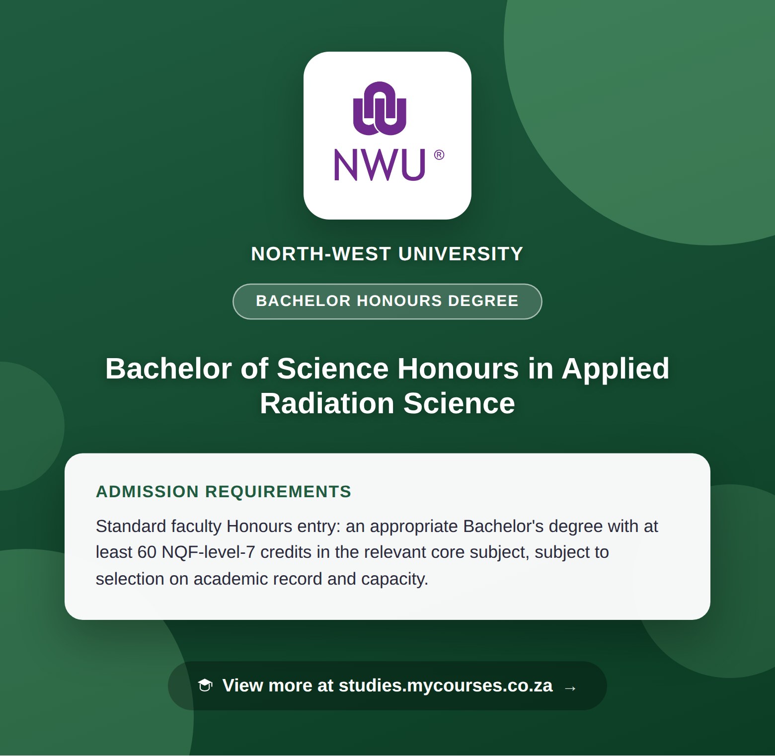Poster showing admission requirements for the Bachelor of Science Honours in Applied Radiation Science bachelor honours degree at North-West University, with a link to studies.mycourses.co.za