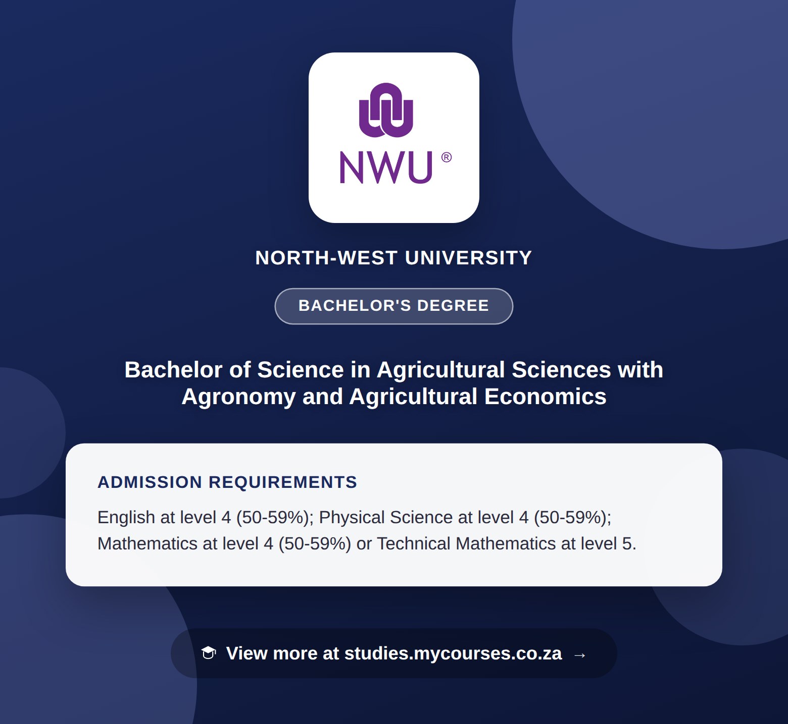 Poster showing admission requirements for the Bachelor of Science in Agricultural Sciences with Agronomy and Agricultural Economics bachelor's degree at North-West University, with a link to studies.mycourses.co.za