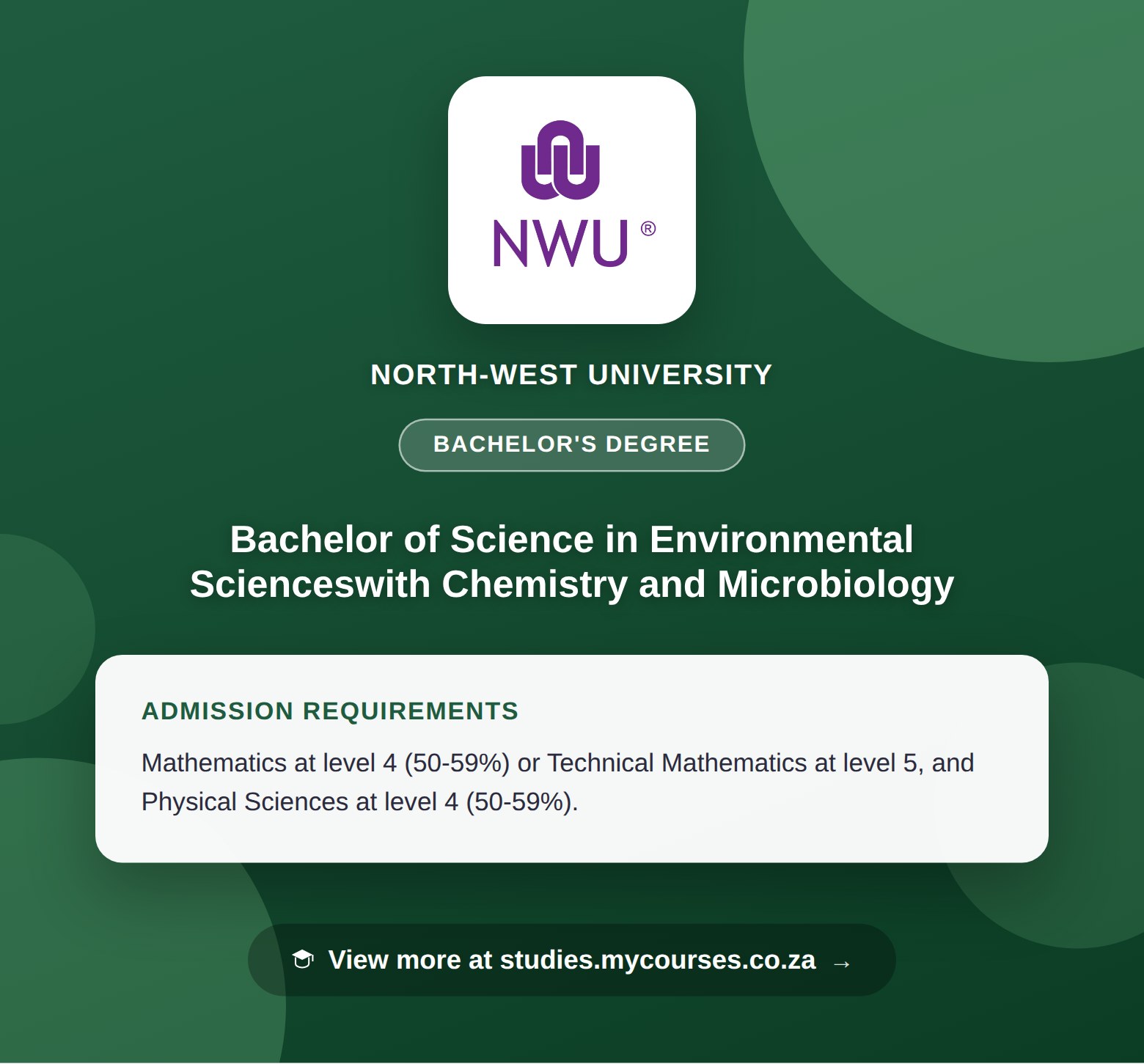 Poster showing admission requirements for the Bachelor of Science in Environmental Scienceswith Chemistry and Microbiology bachelor's degree at North-West University, with a link to studies.mycourses.co.za