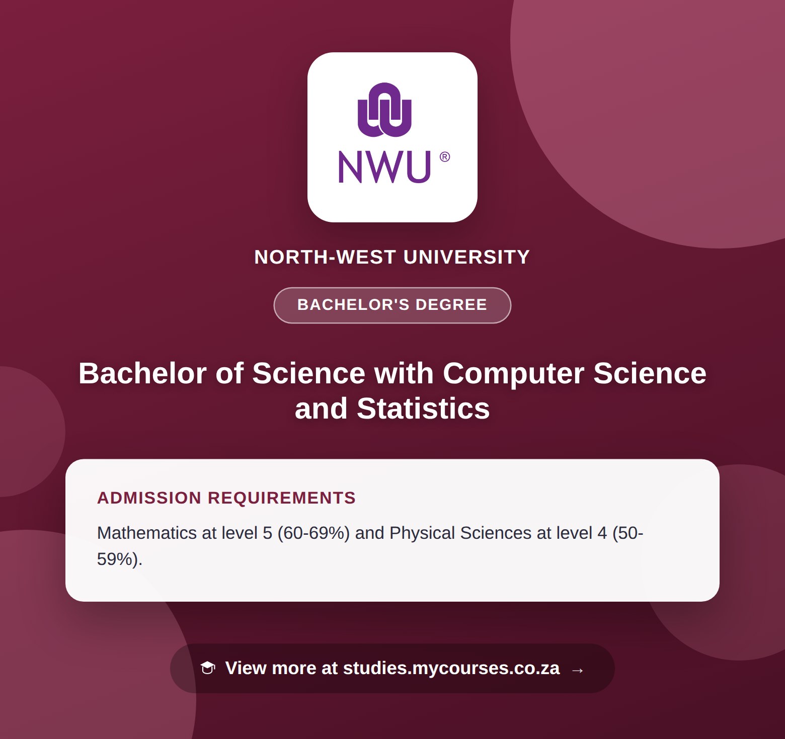 Poster showing admission requirements for the Bachelor of Science with Computer Science and Statistics bachelor's degree at North-West University, with a link to studies.mycourses.co.za