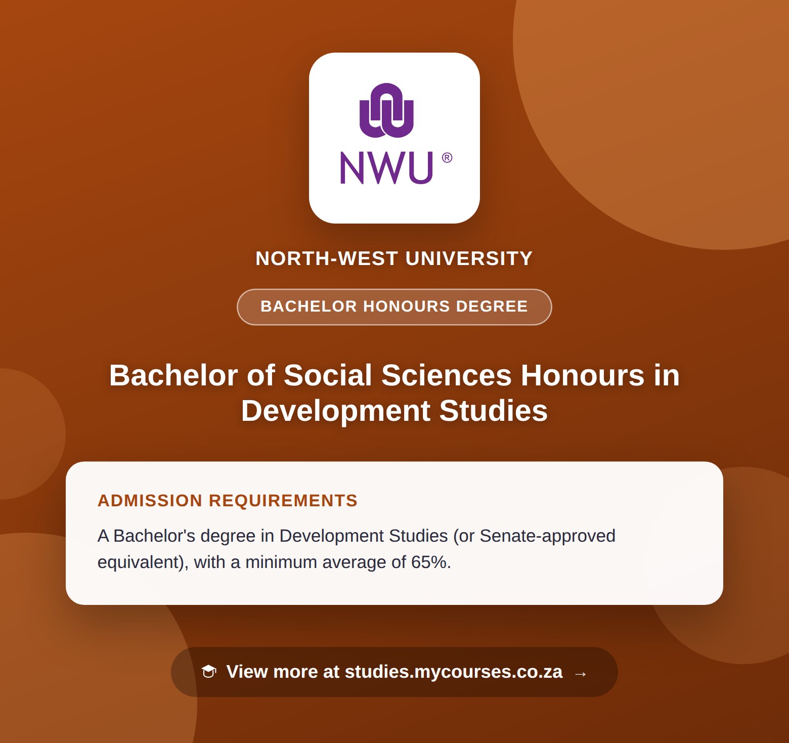 Poster showing admission requirements for the Bachelor of Social Sciences Honours in Development Studies bachelor honours degree at North-West University, with a link to studies.mycourses.co.za