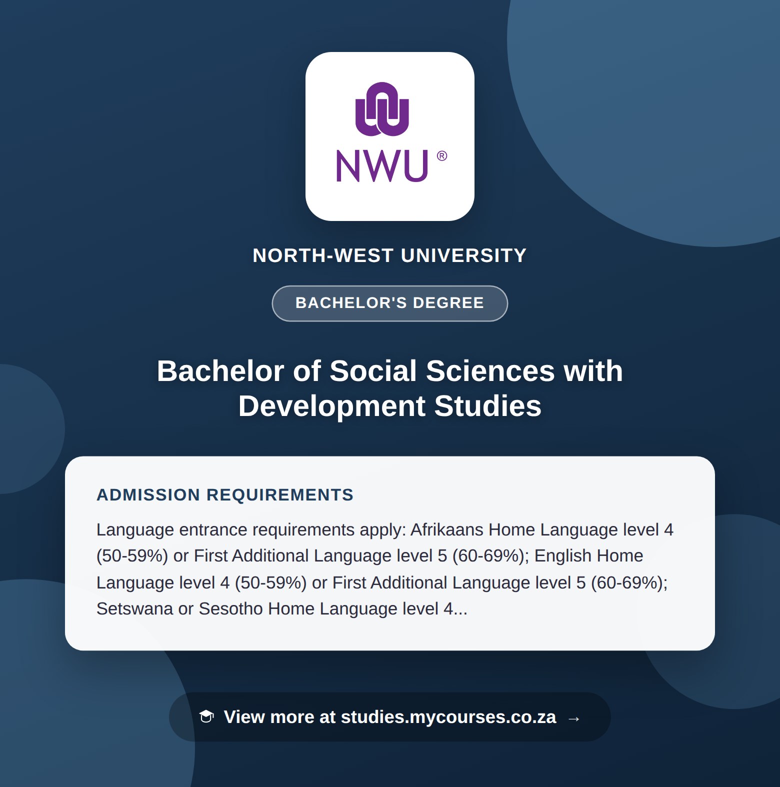 Poster showing admission requirements for the Bachelor of Social Sciences with Development Studies bachelor's degree at North-West University, with a link to studies.mycourses.co.za