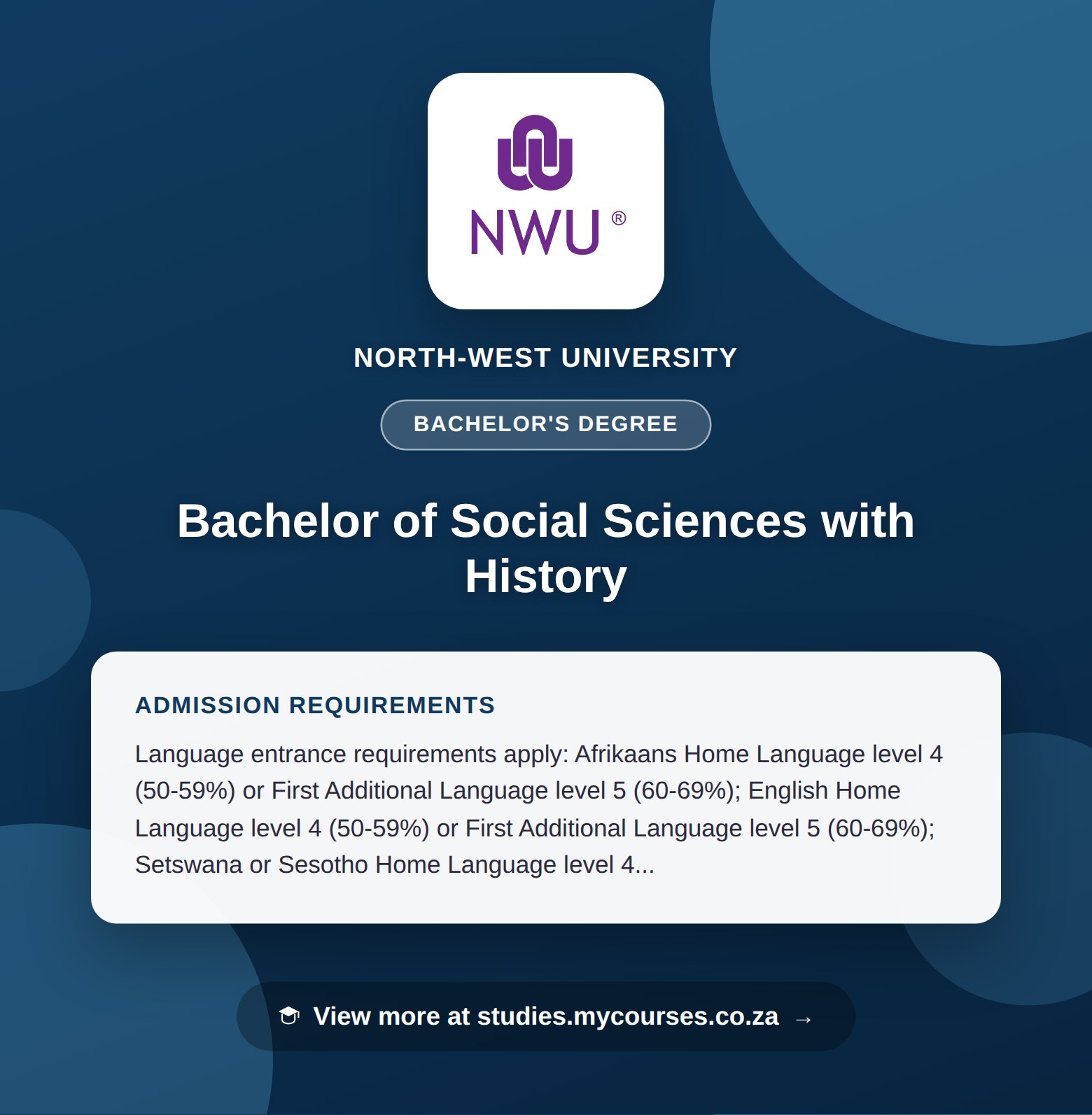 Poster showing admission requirements for the Bachelor of Social Sciences with History bachelor's degree at North-West University, with a link to studies.mycourses.co.za
