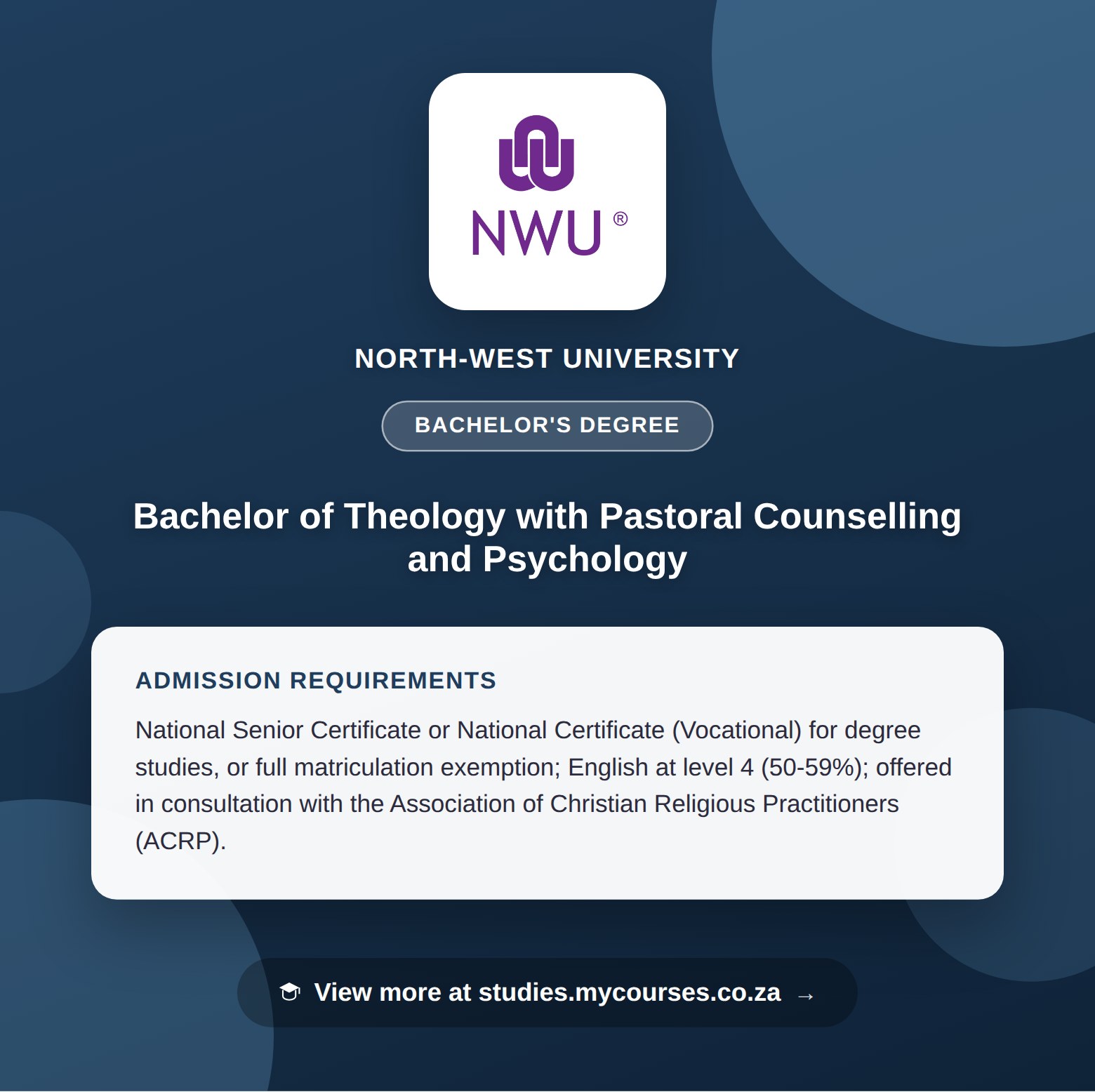 Poster showing admission requirements for the Bachelor of Theology with Pastoral Counselling and Psychology bachelor's degree at North-West University, with a link to studies.mycourses.co.za