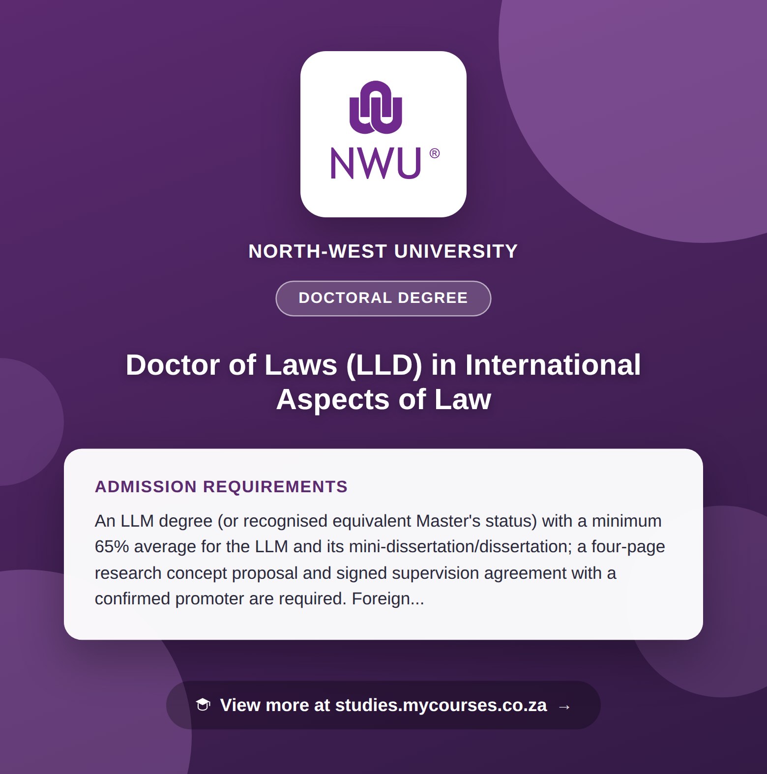 Poster showing admission requirements for the Doctor of Laws (LLD) in International Aspects of Law doctoral degree at North-West University, with a link to studies.mycourses.co.za