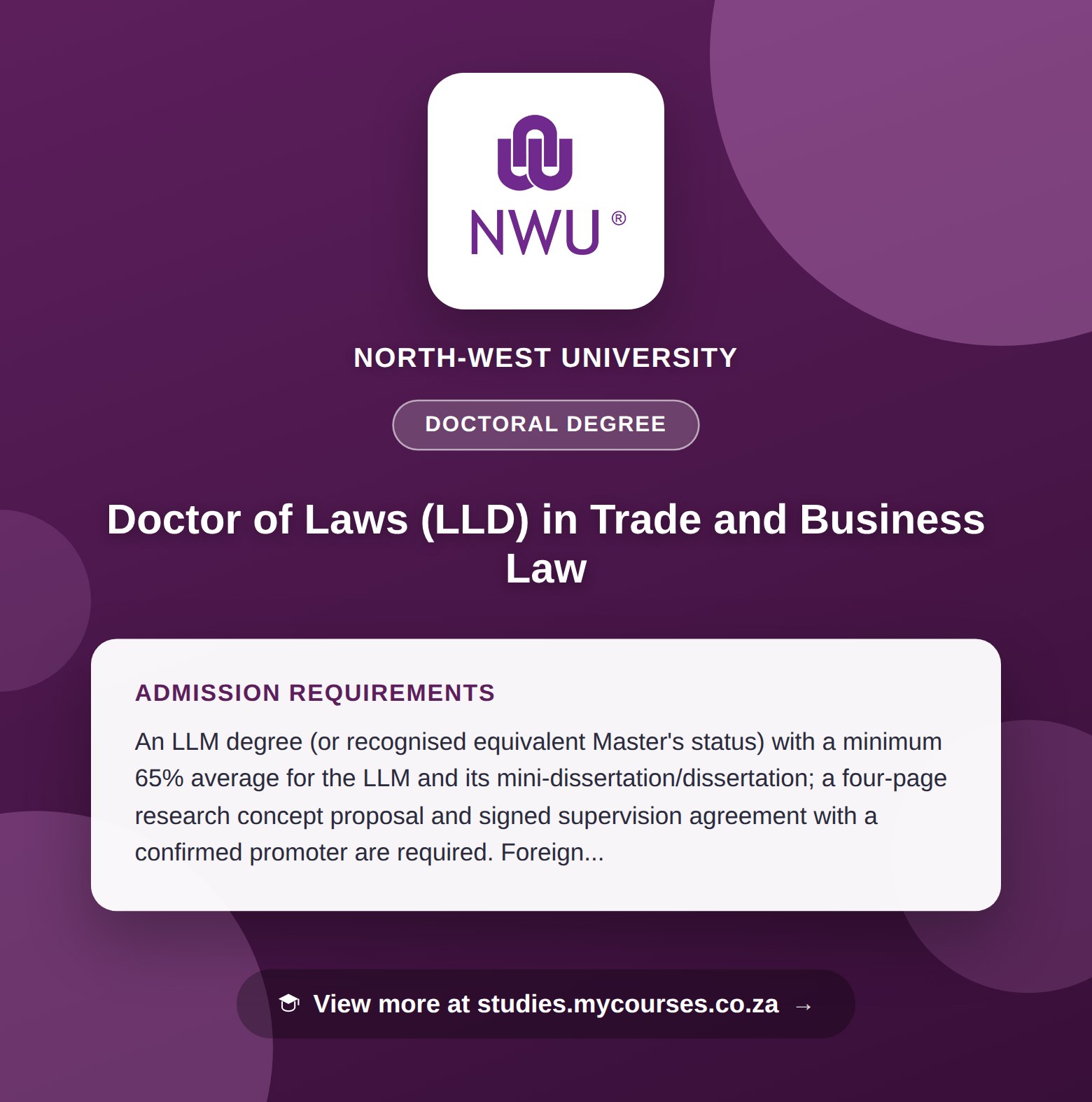 Poster showing admission requirements for the Doctor of Laws (LLD) in Trade and Business Law doctoral degree at North-West University, with a link to studies.mycourses.co.za